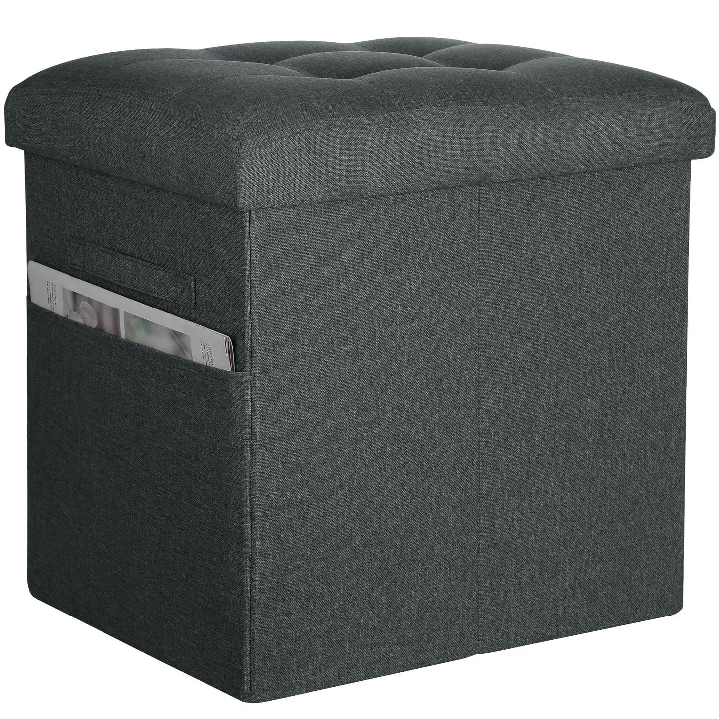 Small Ottoman with Storage, 61L Slim Tall Foldable Ottoman Foot Rest Stool with Thicker Foam Padded Seat. Linen Storage Bench for Bedroom Living Room, 300lbs Weight Support, 17x13x13IN, Gray Black