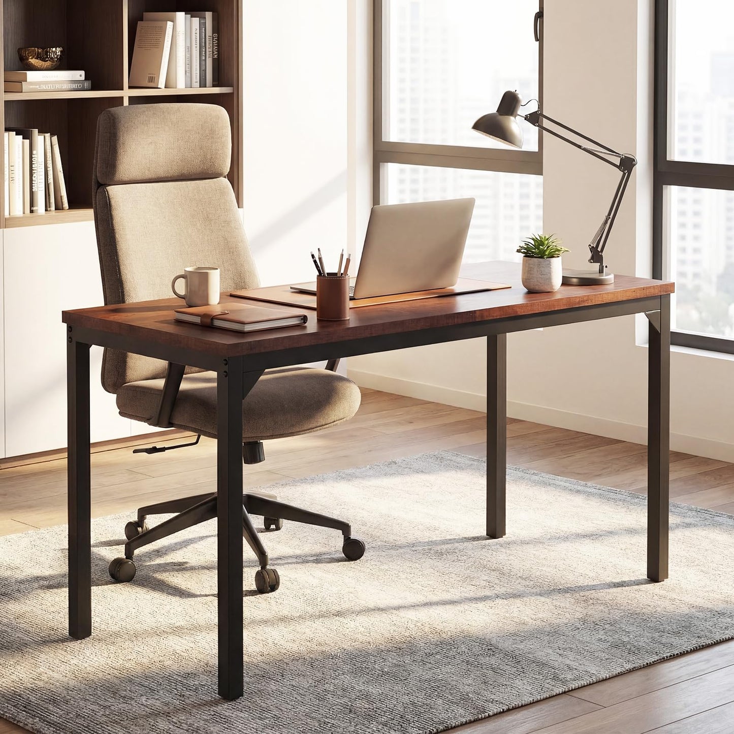 Giantex Conference Table, 55" L x 24" W Large Meeting Table, Rectangular Computer Desk with Strong Metal Frame for 4-6 People, Modern Seminar Table for Office Conference, Brown (1)