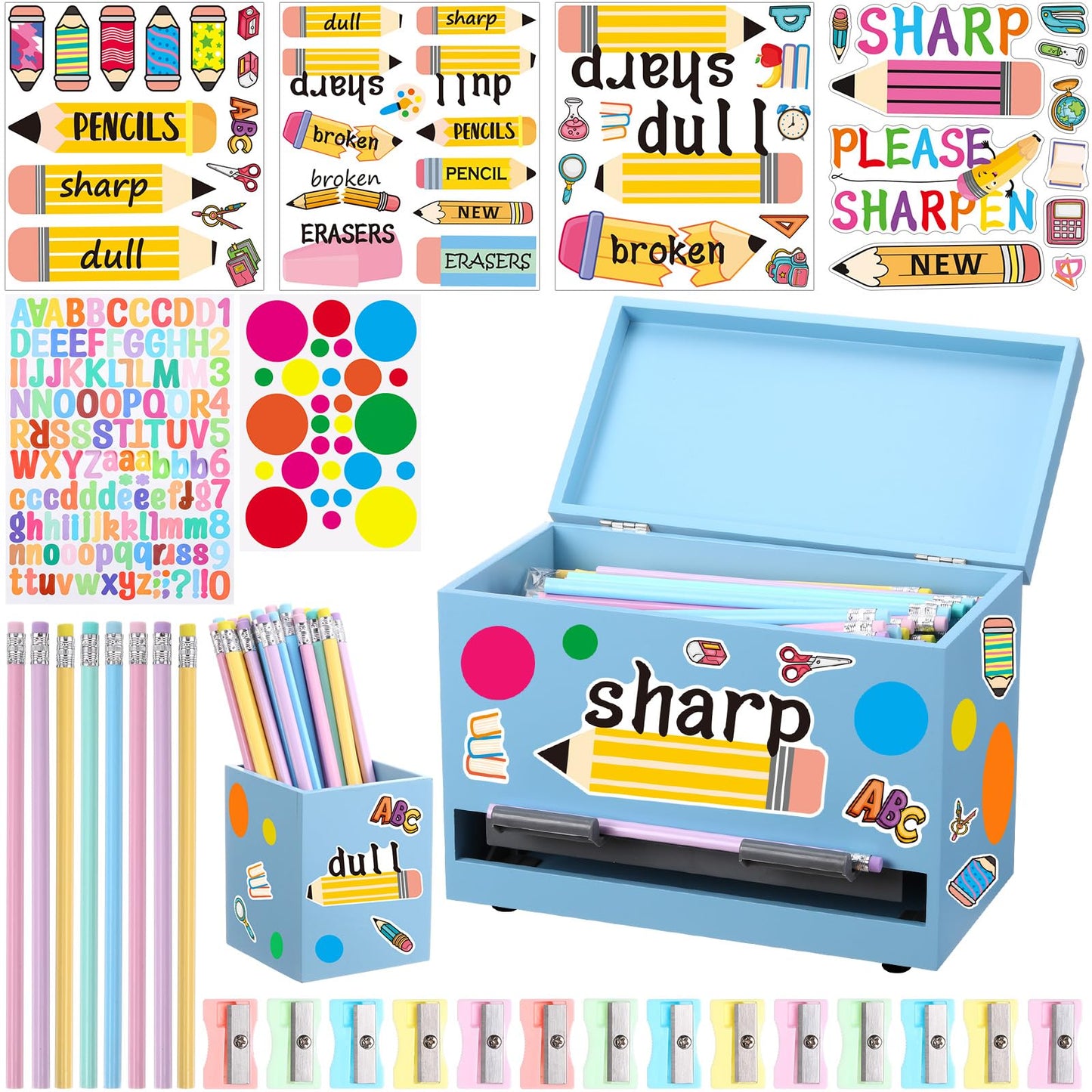 Watersay 108 Pcs Pencil Dispenser Kit for Classroom Wooden Sharp and Dull Pencil Holder 50 Pencils 50 Sharpener 6 Sticker Classroom Teacher Must Have Straw Dispenser for Back to School(Light Blue)