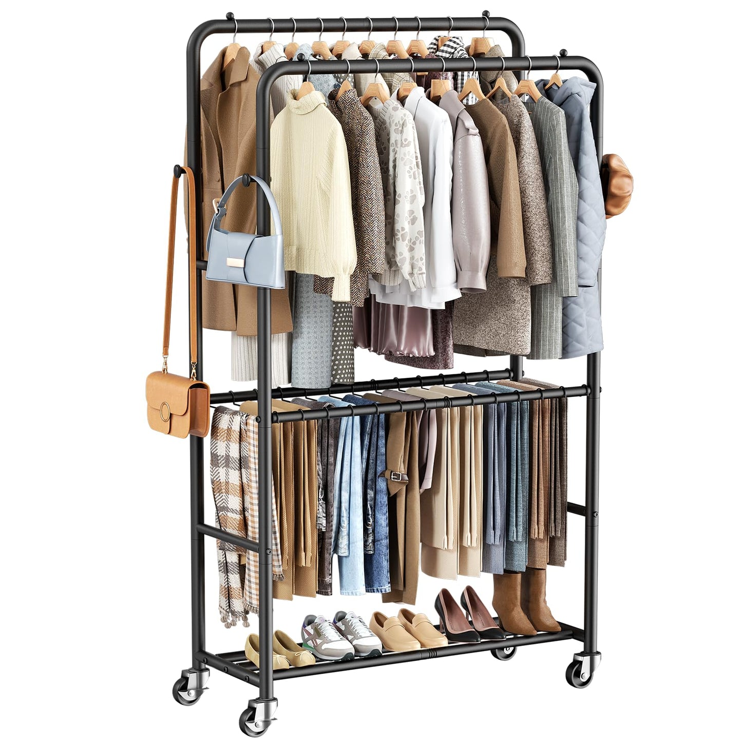 ZHKINGGS Clothes Rack - 4-Bar Double Rod Clothing Rack with 15 Pants Racks - Rolling Clothes Rack with Shelves - Portable Garment Rack for Bedroom Laundry Room Closet - Black