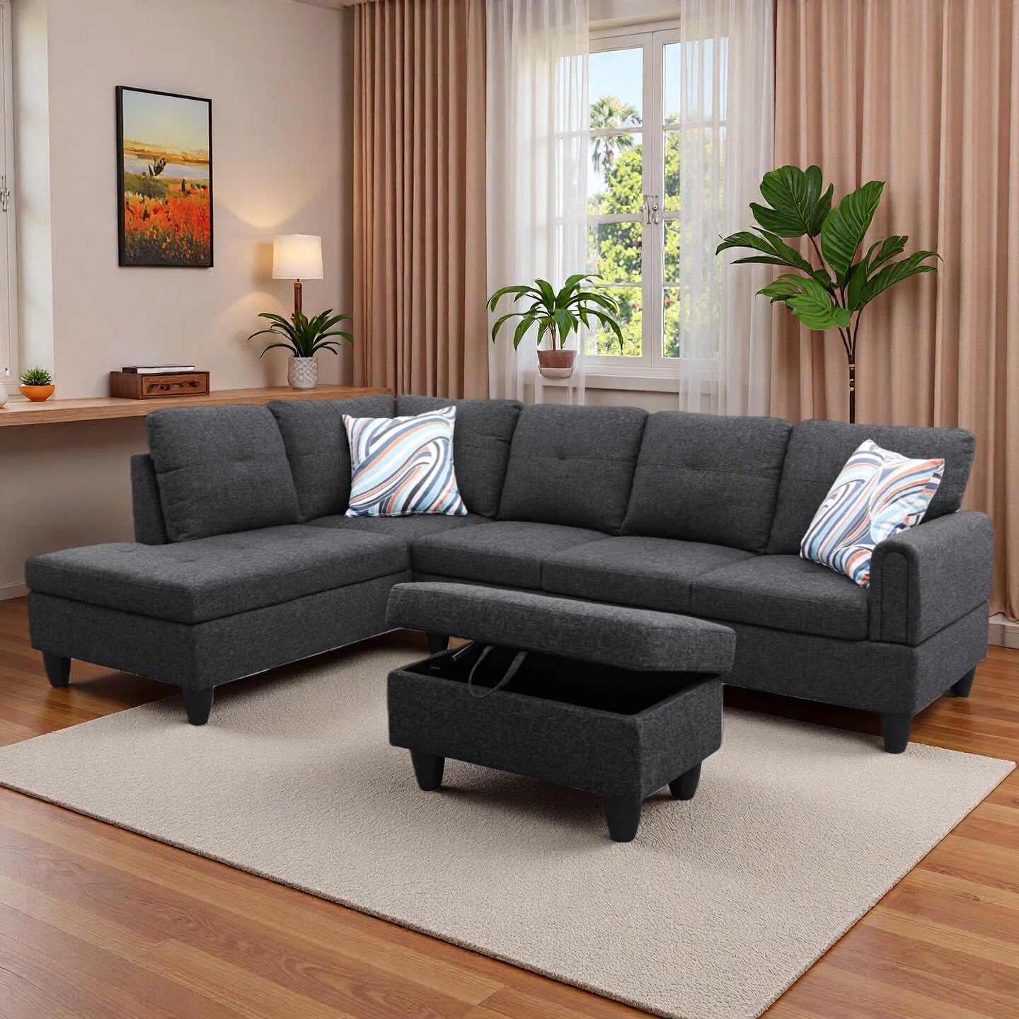Trygoal L-Shaped Sectional Sofa with Movable Chaise & Storage Ottoman, Lounge 3-Piece Modular Convertible Couches for Living Room, Apartment & Office, Blackish Gray