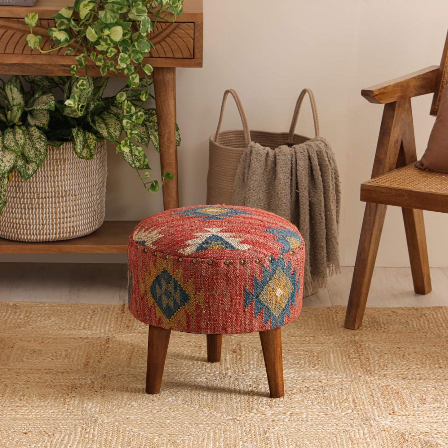 NATURAL FURNISH Handmade Kilim Jute Pouf Ottoman Stool | Round Upholstered Seating with Acacia Wood Legs | Decorative Foot Rest for Living Room, Bedroom, Reading Room & Lounge (Red)