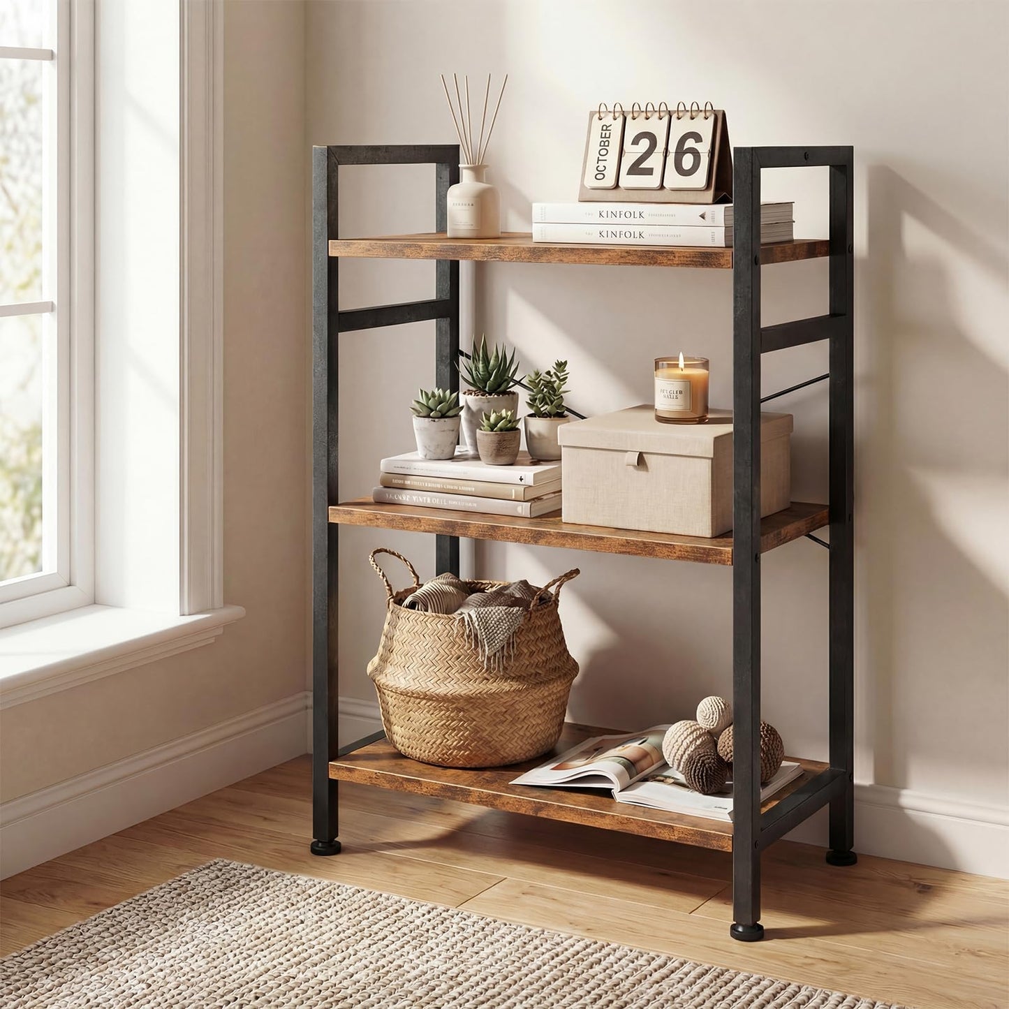 DUMOS 3 Tiers Open Bookshelf, Classic Freestanding Tall Display Shelf, Multifunctional Storage Organizer Rack for Living Room Home Office, Sturdy Bookcase for CDs/Books/Movies, Brown