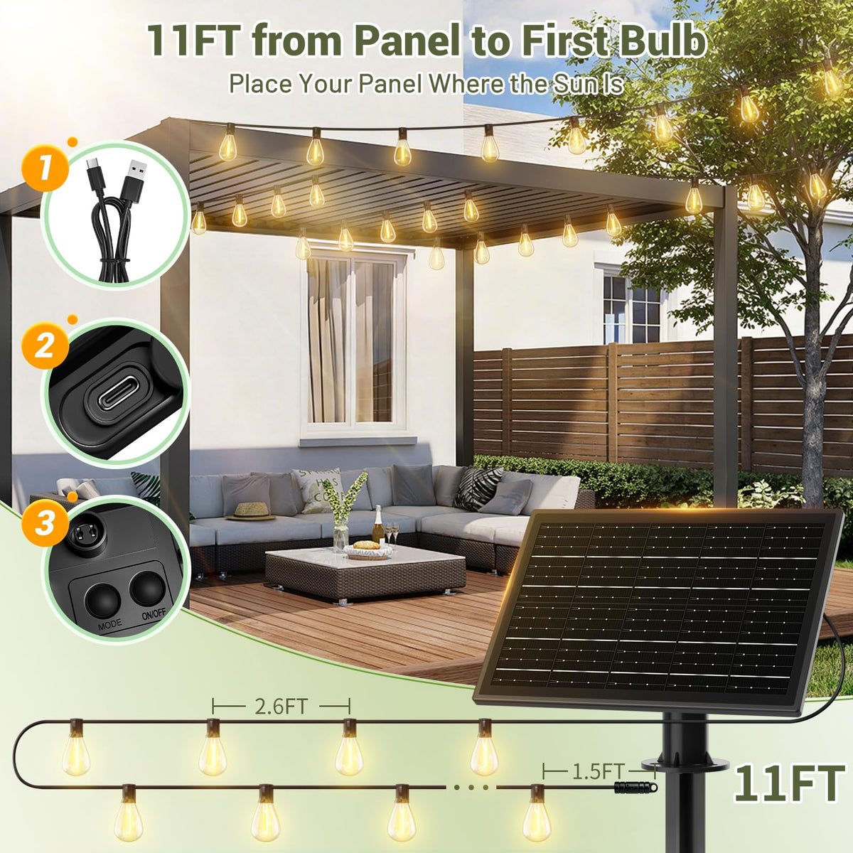 Amzrap 200FT Solar String Lights Outdoor Waterproof 72+2 LED Bulbs, Solar Powered with Remote & USB Port, 3 Light Modes Dimmable Patio Lights for Large Backyard, Garden, Party