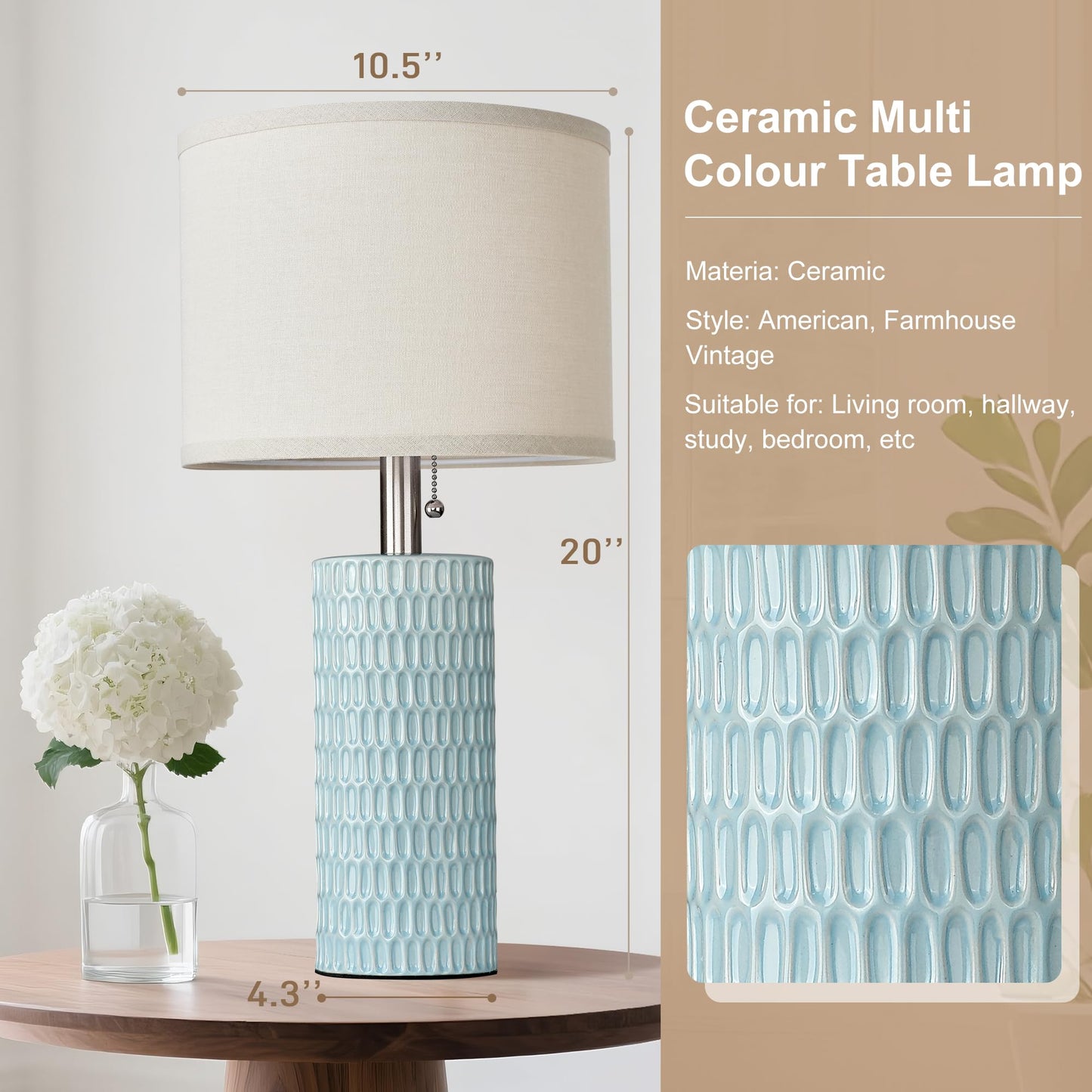 Reaketon 20.5" Modern Ceramic Table Lamps for Bedroom Set of 2, Bedside Lamps for Night Stands with Beige Lampshade, Farmhouse Table Lamp for Living Room Office Dorm, Sky Blue