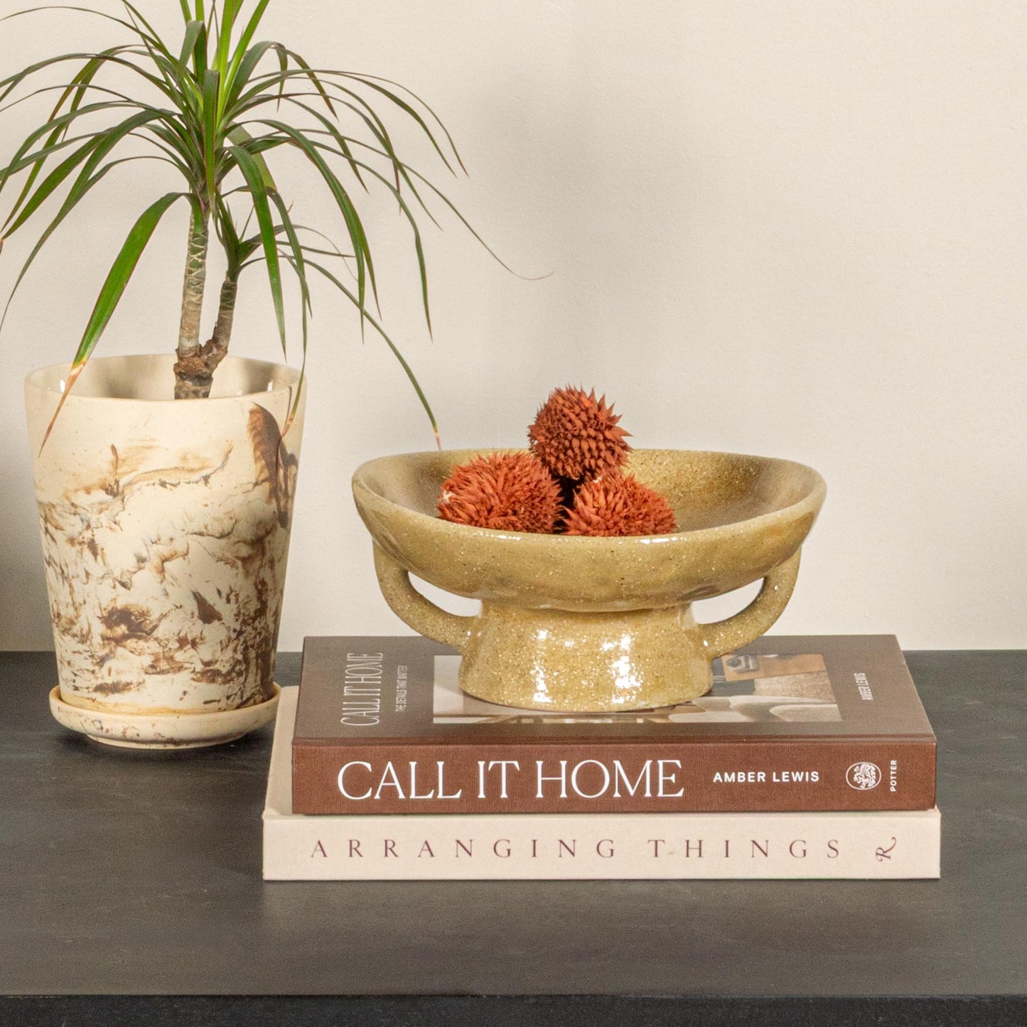 Creative Co-Op Stoneware Footed Pedestal Bowl with Handles, Reactive Glaze, Taupe