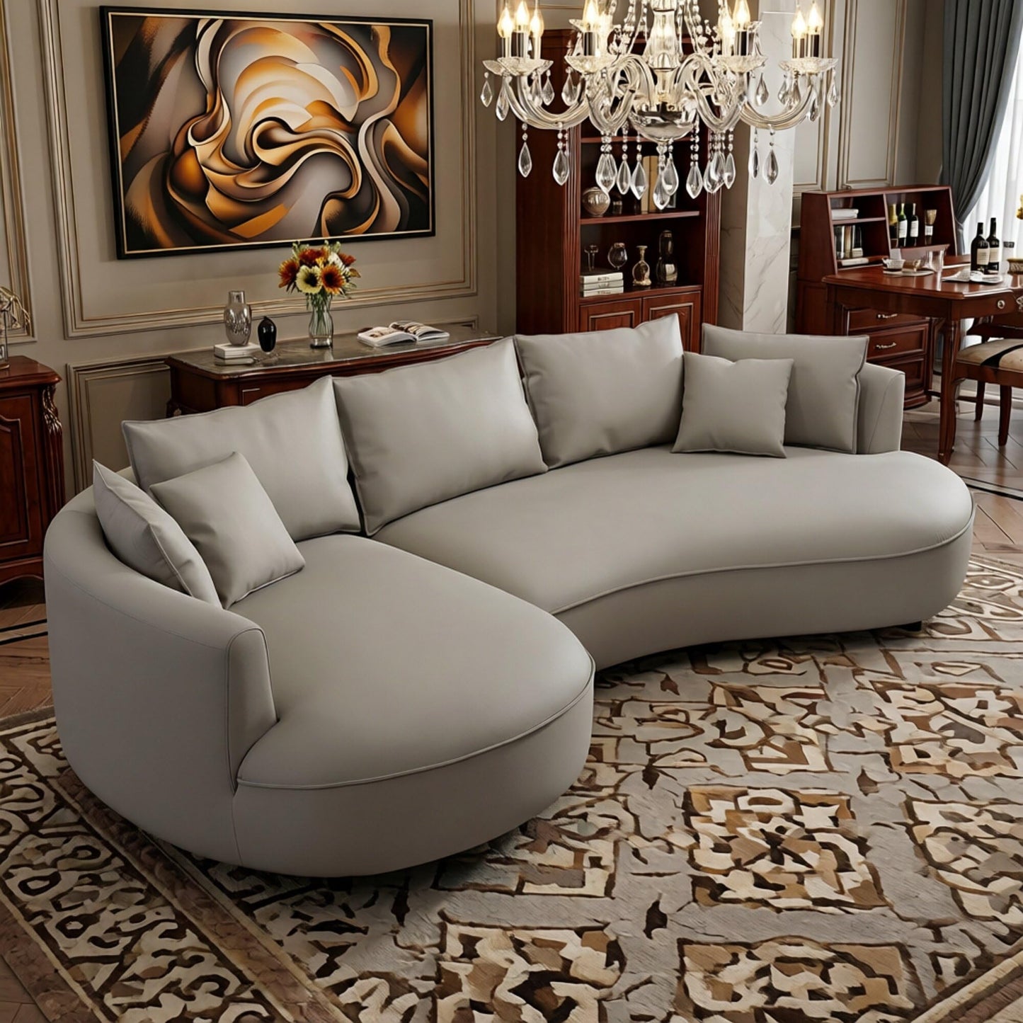 BBTJOINT L Shape Curved Sectional for Living Room, Bonded Leather Upholstered Furniture Sofa, Round Couch with semicircualr Chaise,Light Grey