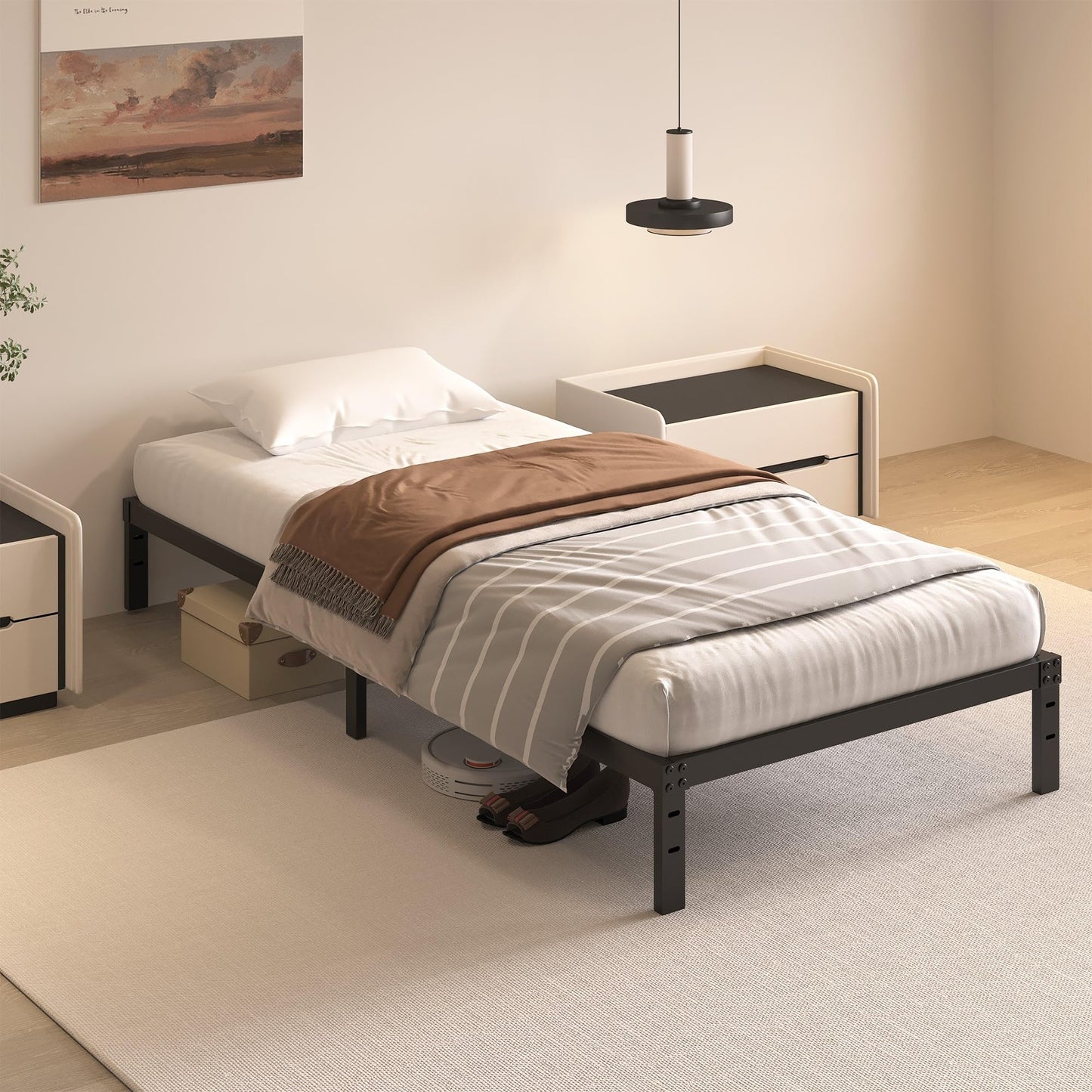 HOBINCHE 10 Inch Twin Size Bed Frame - No Box Spring Needed Heavy Duty Metal Platform Mattress Foundation with Steel Slats, Non-Slip Noise Free Easy Assembly Black Bedframes