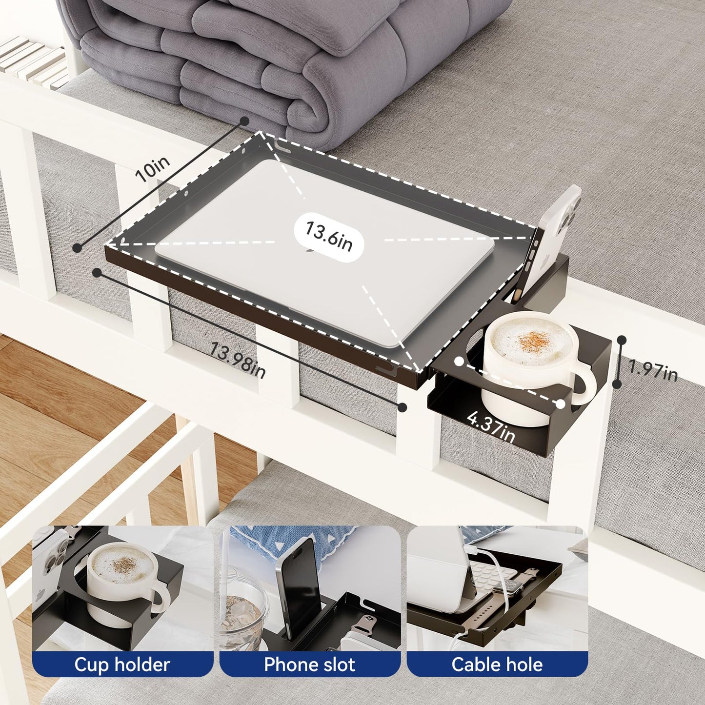 AmzAge Metal Bedside Shelf Table Tray with Cup Holder, Foldable Bed Side Table for Bunk Bed & Top Bunk, College Dorm Room Essentials for Guys & Girls, Clip-on Laptop Nightstand for IKEA Beds, Black