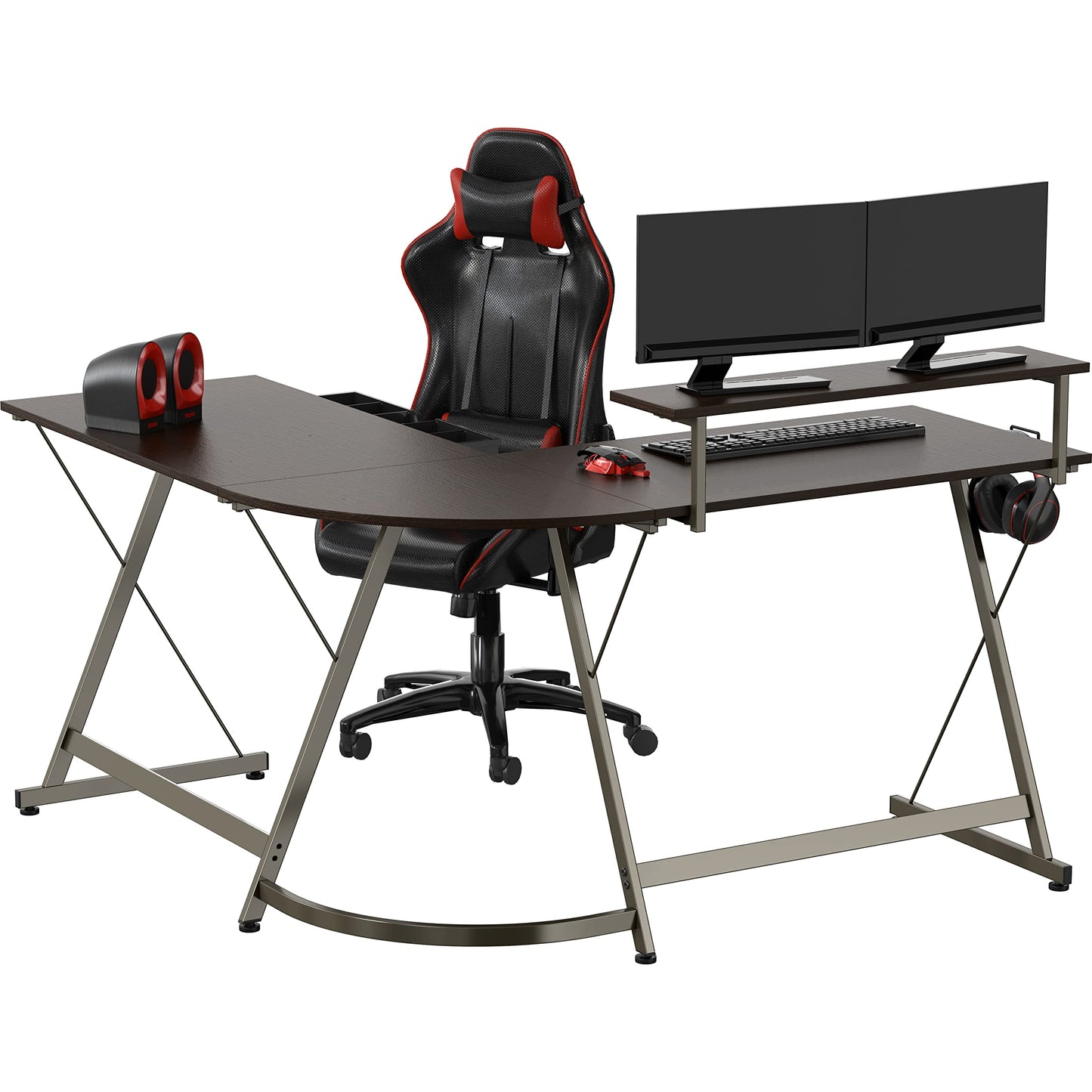 SHW 51 x 51 Inches Vista L-Shaped Desk with Monitor Stand and Drawer, Espresso