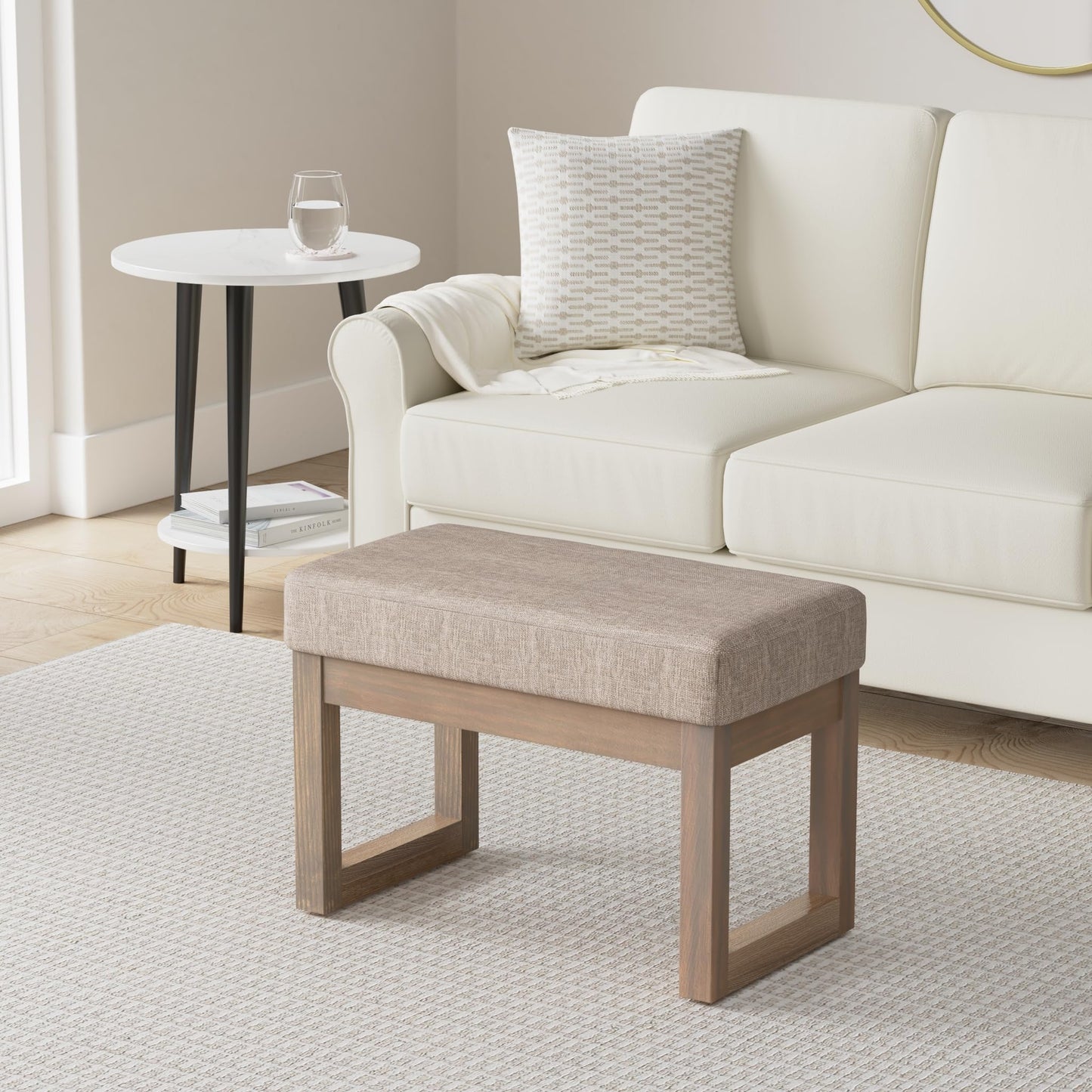 SIMPLIHOME Milltown Small Ottoman Bench - 27" Wide x 18" High Upholstered Linen Look Fabric Rectangle Footstool Ottoman in Fawn Brown, Contemporary Bench for Bedroom with Cushioned Seat, Assembled