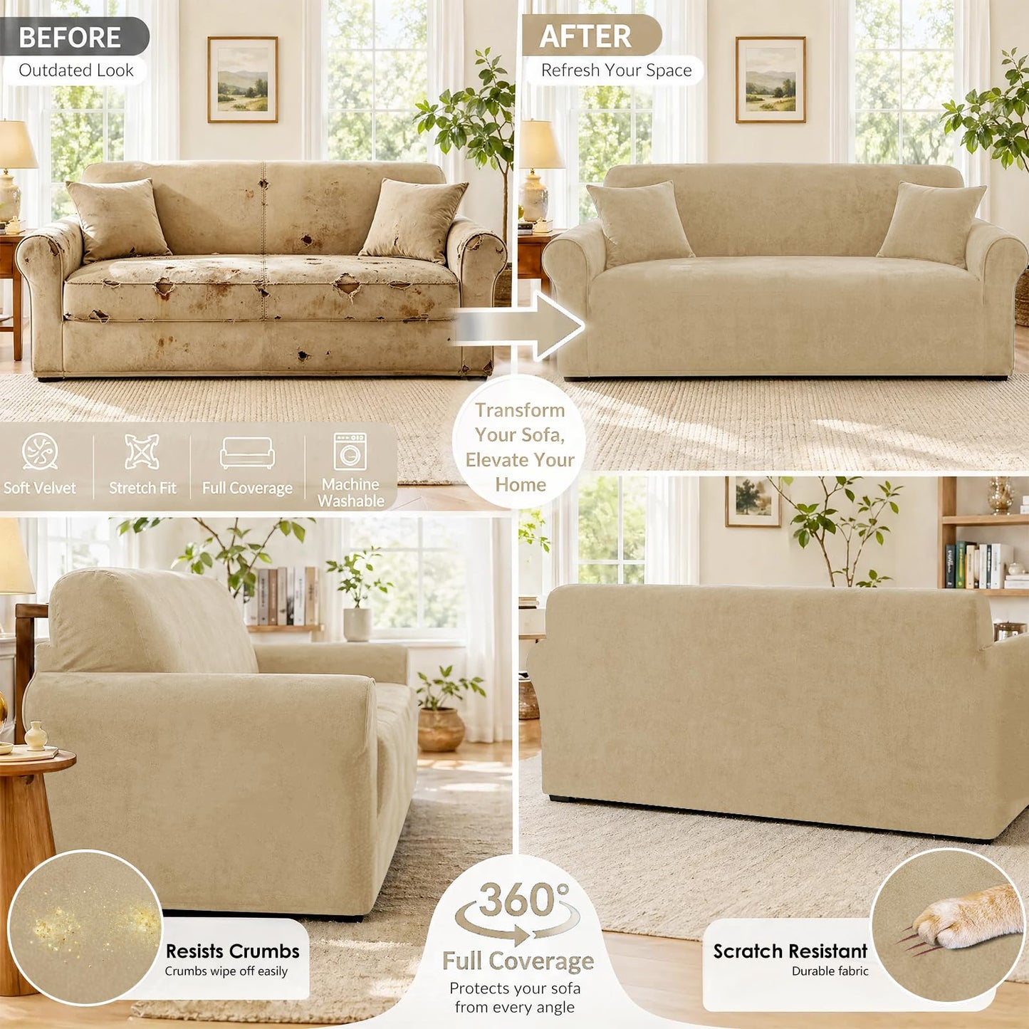 YEMYHOM Real Velvet Couch Covers for 2 Cushion Couch High Stretch 1 Piece Loveseat Slipcover for Pets Dogs Anti Slip Love Seat Sofa Slipcover Furniture Protector (55"-69", Camel)