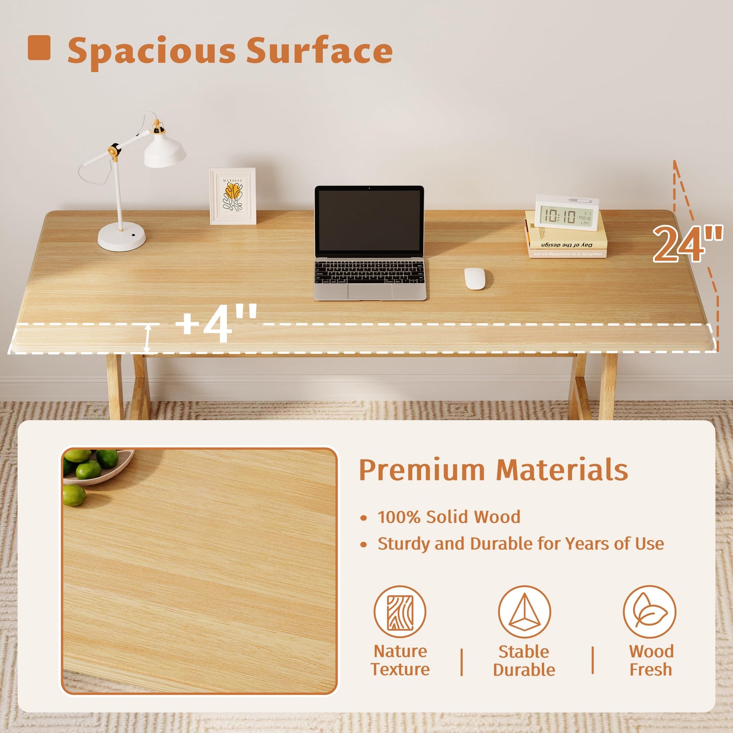 IOTXY Solid Wood Writing Table - 48" W x 24" D Minimalist Computer Desk for Home Office, Work, Study, Creativity, and PC Workstation, Oak