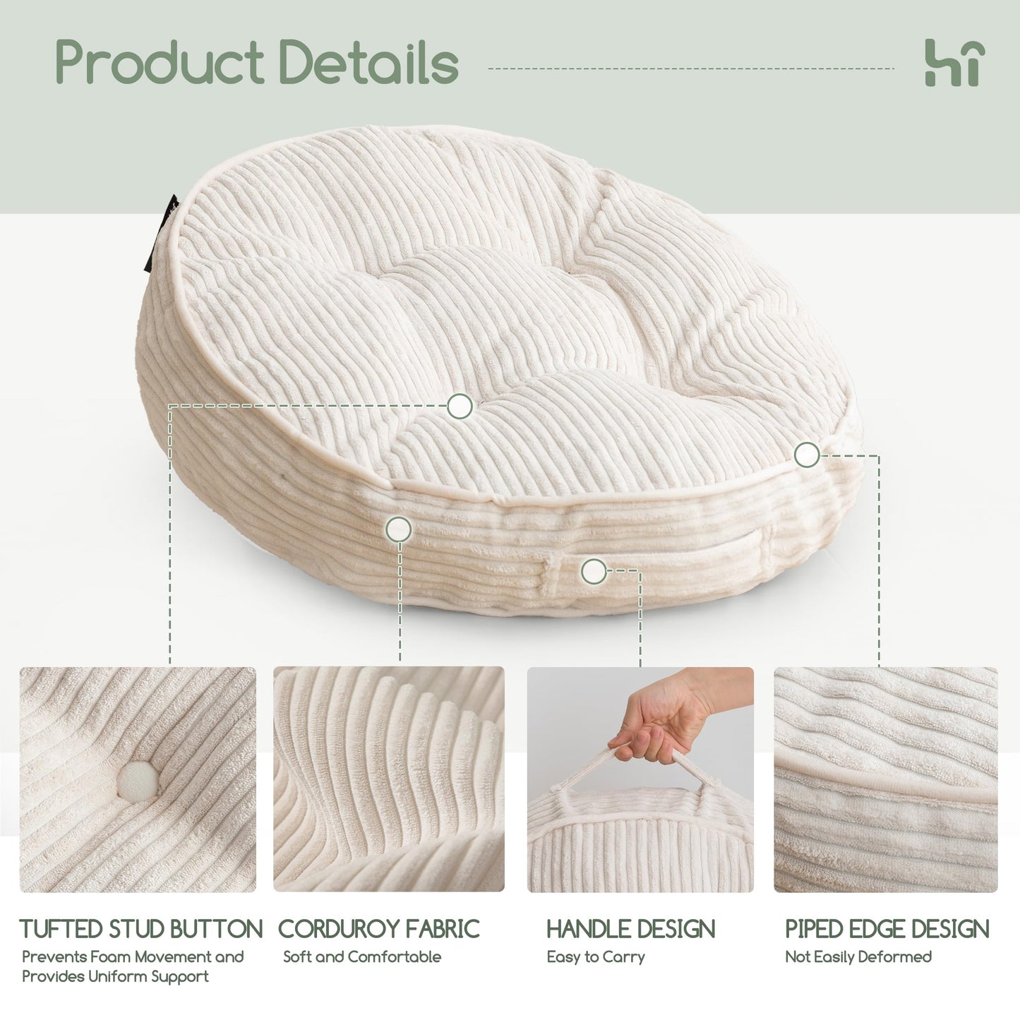HIGOGOGO Floor Pillow Cushion for Adults, Meditation Cushion Pillow, Large Round Floor Sitting, Tufted Corduroy Cover, for Tatami Living Room or Yoga, 22x22 Inch, Beige