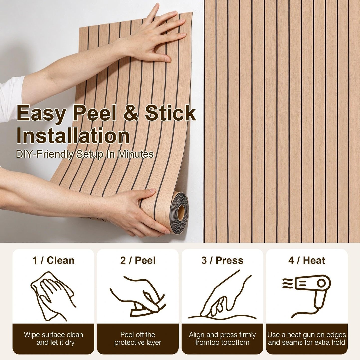 Peel and Stick Slat Wall Panel 15.75"X118" PVC Self-Adhesive Thick Light Oak Wood Grain Wallpaper Panel 3D Soundproof Wall Panels for Walls
