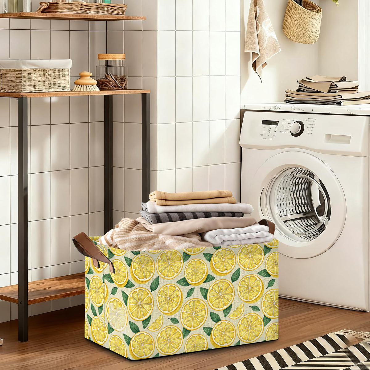 Oeaskly Lemon Fabric Storage Bins with Handles, Oxford Storage Basket for Closet Organization, Foldable Shelf Organizer for Bedroom, Nursery, Laundry, Office