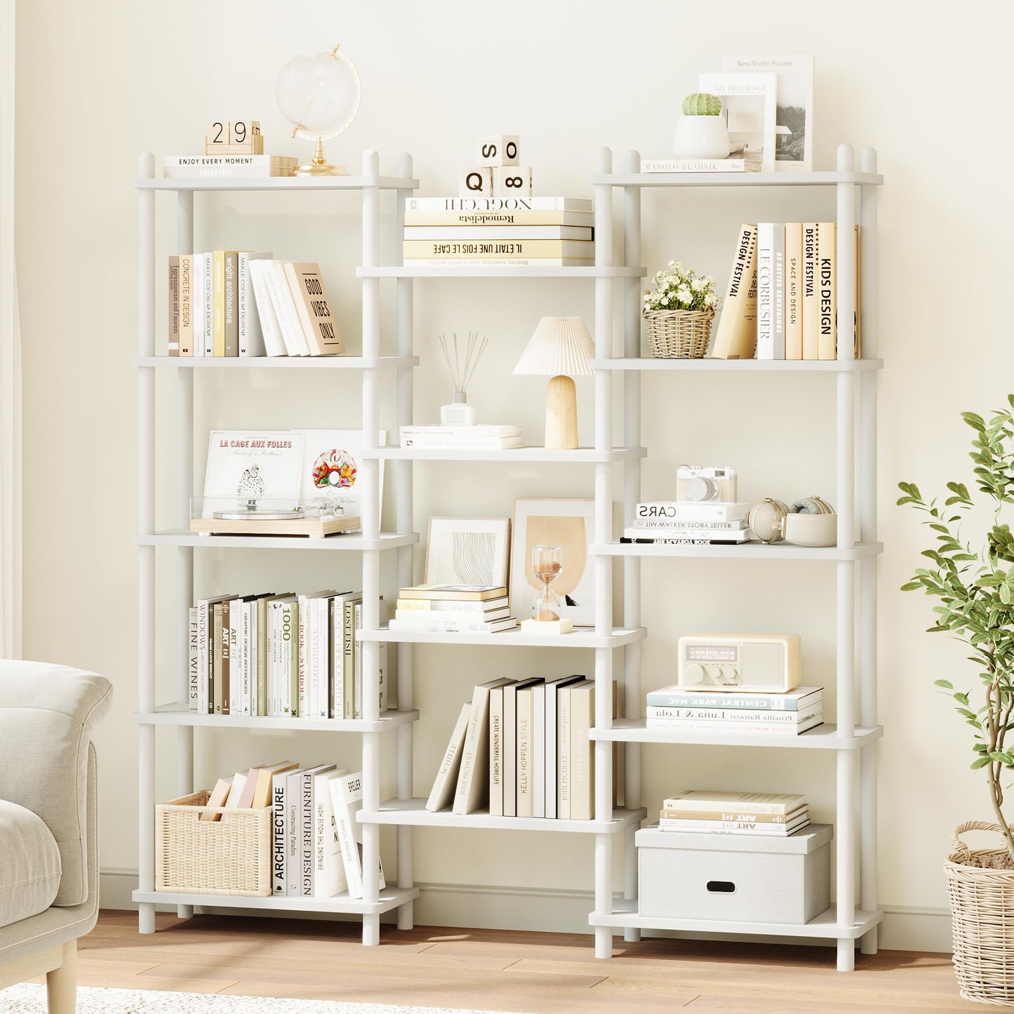 IOTXY Wooden Triple Wide Bookshelf - 5-Tier Large Shelf Bookcase with Solid Beech Frame, Tall Freestanding Open Etagere Display Rack for Home Office, White