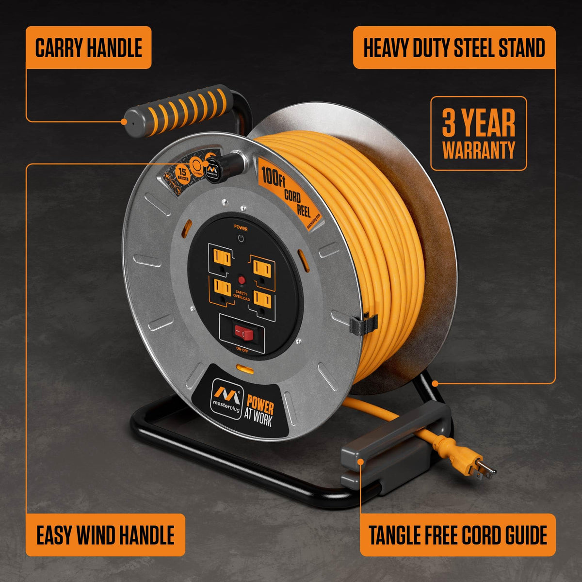 Masterplug 100ft Cord Reel, Metal Cable Drum, Retractable Extension Lead with Winding Handle, Safety Overload Circuit Breaker and Power Switch, 4x Grounded Outlets, 15amps, 12AWG Cable