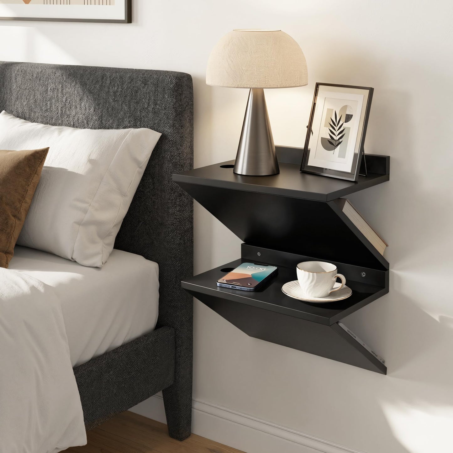 Petrala Floating Nightstand Set of 2, Black Wooden Bedside Table Wall Mount Nightstands Modern Side Table Wall Shelf Narrow Floater Night Stand Hanging End Table Z-Shape with Cable Hole for Bedroom