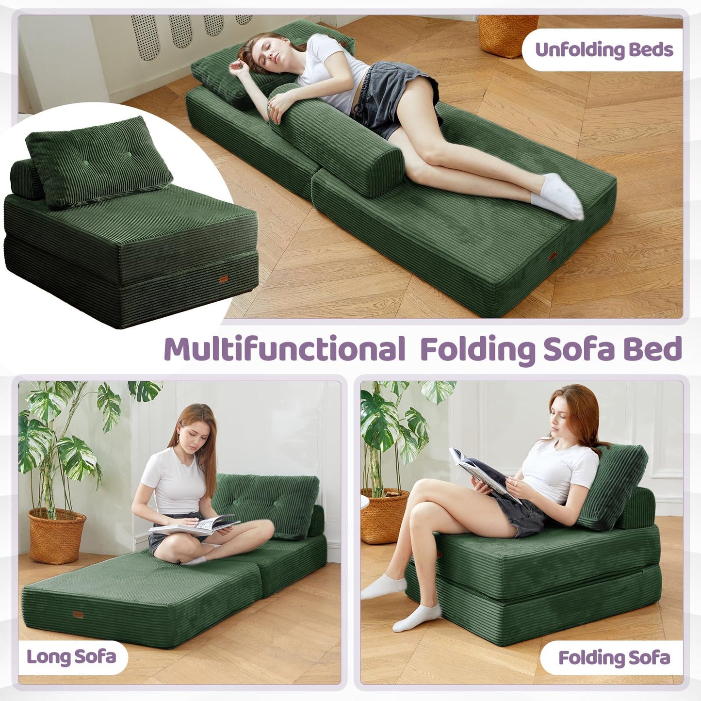 PIASHJOY Folding Sofa Bed,3-in-1 Convertible Sleeper Chair Corduroy High-Density Foam with Pillow,Fold Out Chair Bed,Foldable Single Futon Chair for Living Room、Hotel,Single, Emerald Green