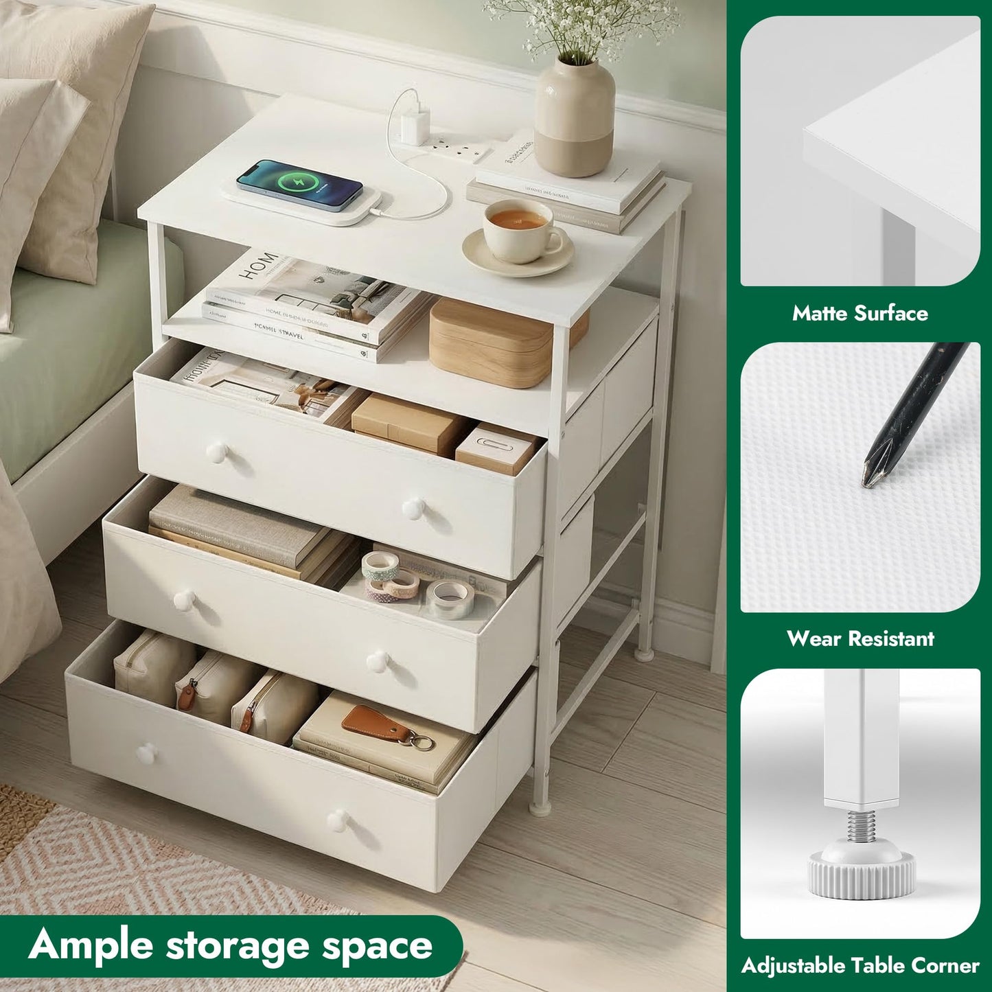 PATAVOT 3 Drawers Dresser with Charging Station, 24 Inch Wide LED Night Stand Set 2 with Adjustable Fabric Drawer, Nightstand with Storage Shelf for Living Room/Bedroom/Office, White.
