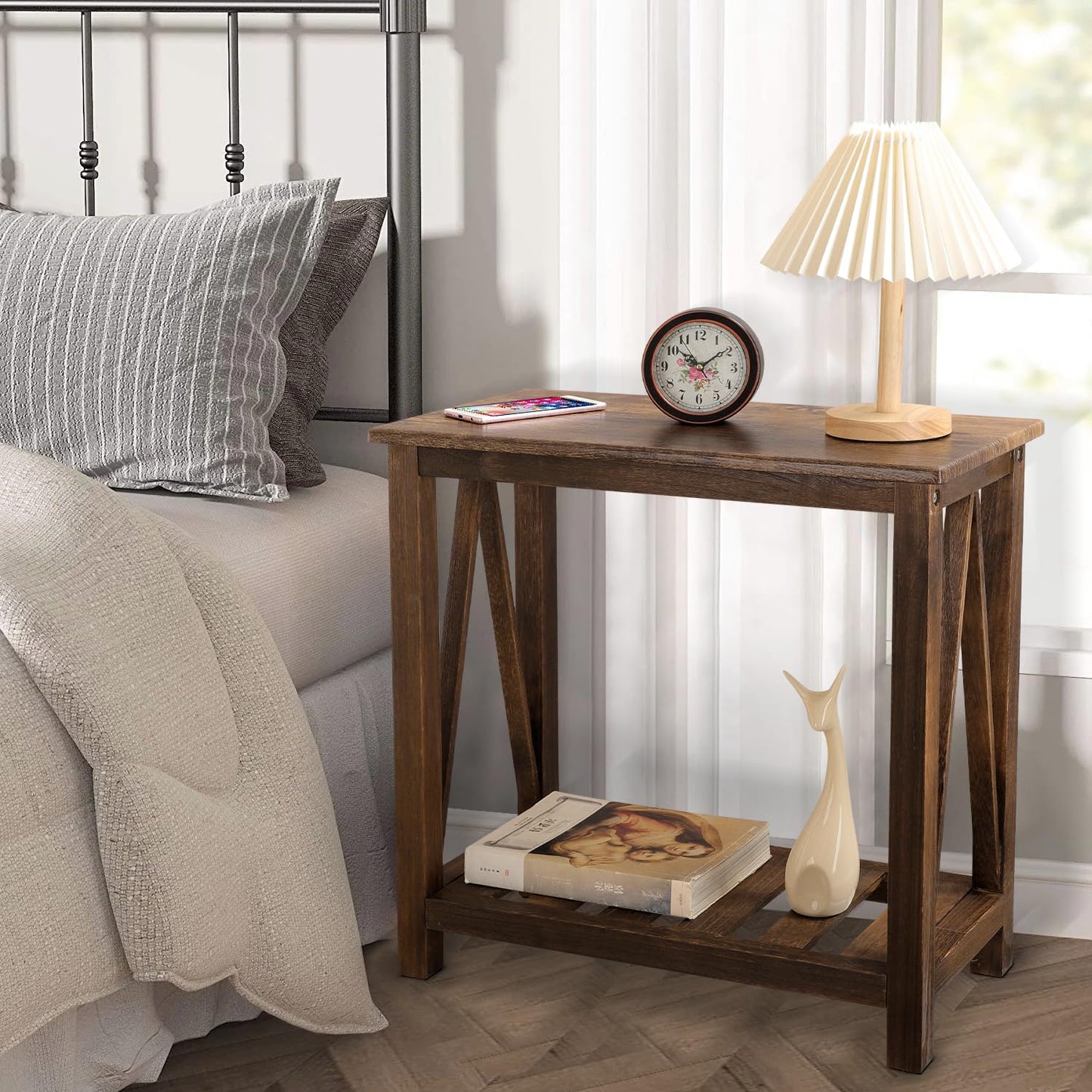 FEUFOAM End Side Table with Storage Shelf Rectangle Narrow Nightstand Console Tables Brown Smooth End Table for Small Spaces Industrial Accent Side Table for Living Room Bathroom Bedroom