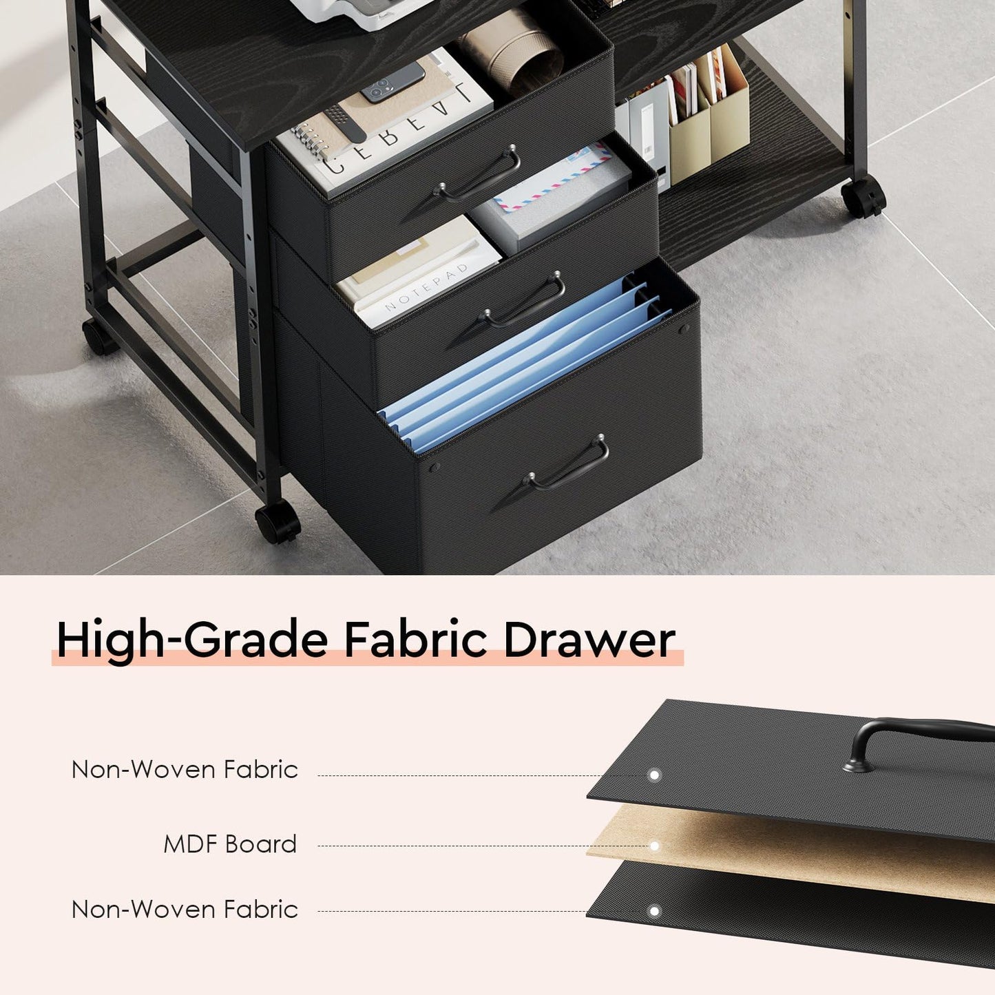 Maihail 3 Drawer File Cabinet with Wheels Rolling Printer Stand with Open Storage Shelf Fabric Lateral Filing Cabinet for Home Office,Black
