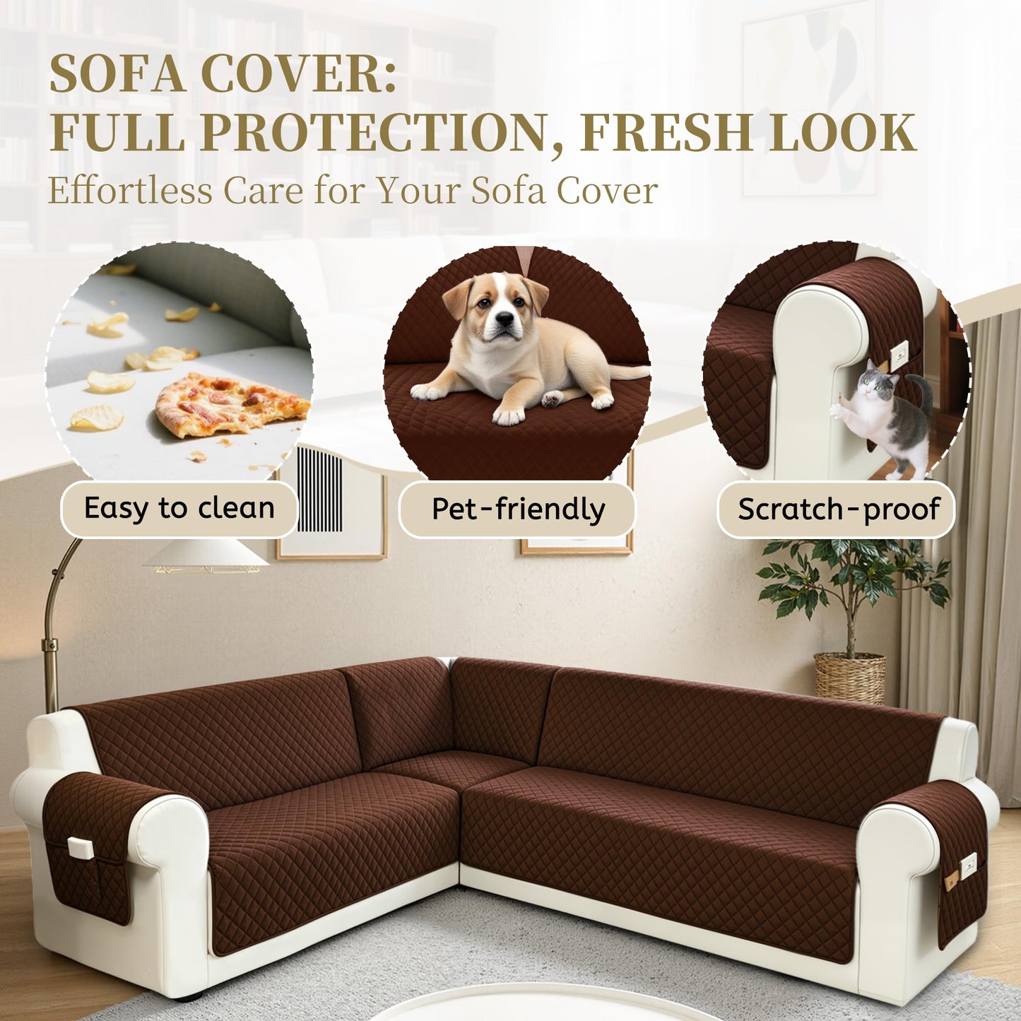 SYJOVIA Sectional Couch Covers for Dogs 100% Waterproof Corner L Shaped Sofa Cover Pet Friendly Velvet Washable Anti Slip L Shape Modular Sofa Slipcover Protector with Pockets (Dark Coffee, X-Large)
