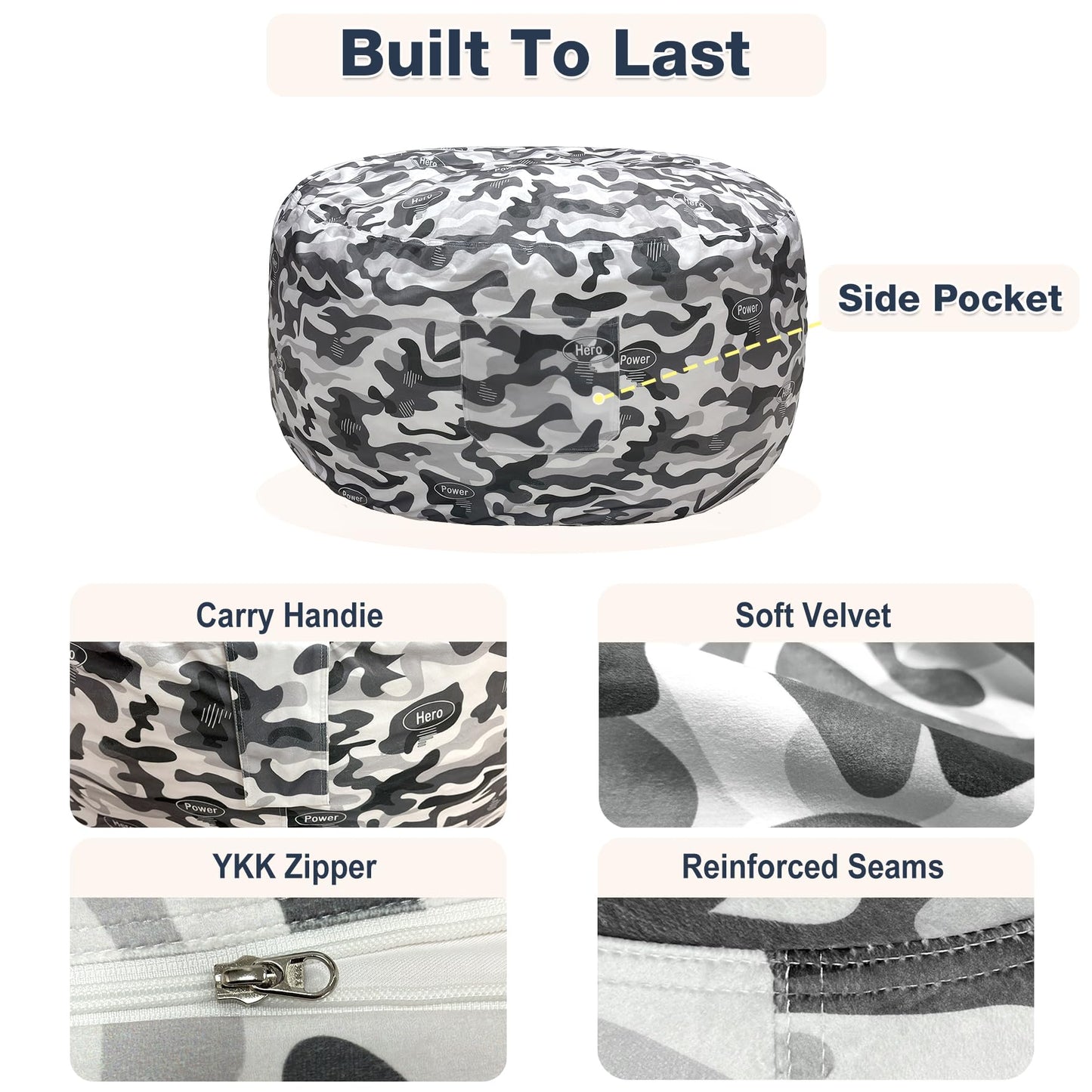 Lukeight Camo Stuffed Animals Storage Bean Bag Chair Cover for Adult Teen, Cozy Velvet Plush Toy Organizer Seat, Cover Only, No Filling Included, Long YKK Zipper, Side Pocket, XXX-Large 42 x 23 in