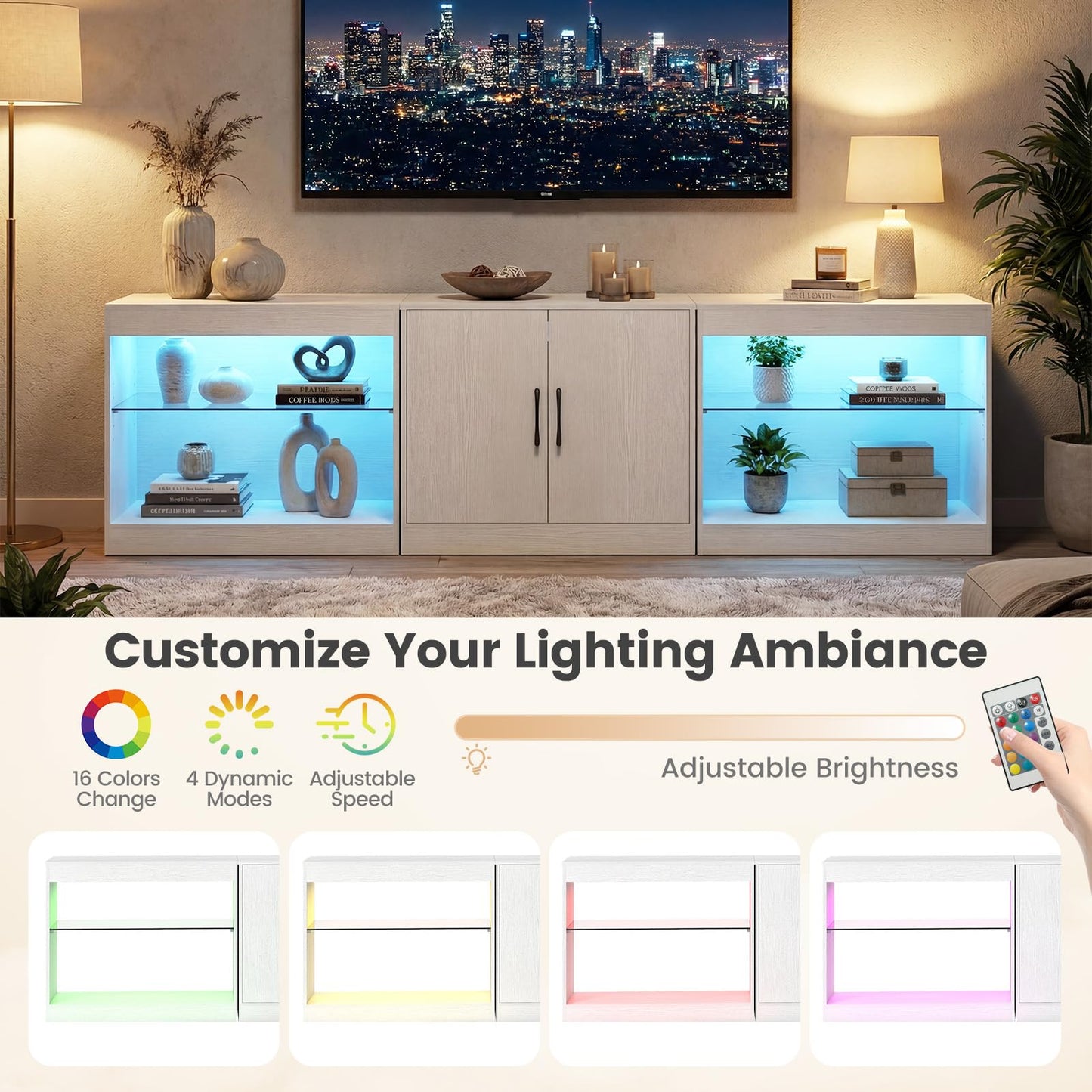 Giantex LED TV Stand for 85 Inch TV, Modern Entertainment Center with Power Outlets, Customizable LED Lights and Adjustable Glass Shelves, Media TV Console Table for Living Room, Bedroom (White)
