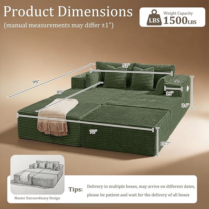 72" Cloud Sectional Couch, Comfort Sleep Sofa