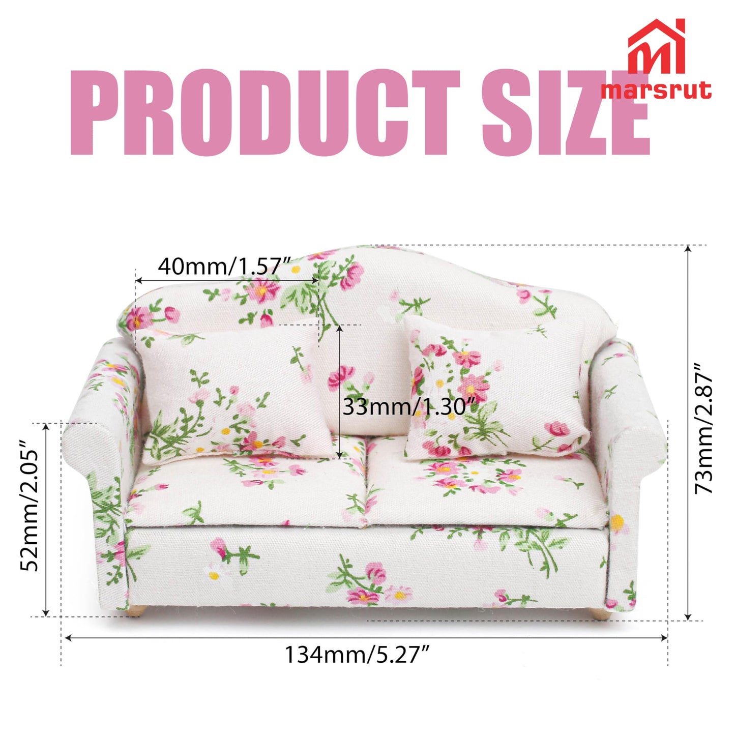 1:12 Scale Dollhouse Couch Sofa Set with Pillows for Living Room, Mini Wooden Upholstered Armchair Furniture Model, Modern High Simulation Fabric Artificial Scene Decoration Accessories, Pink Floral