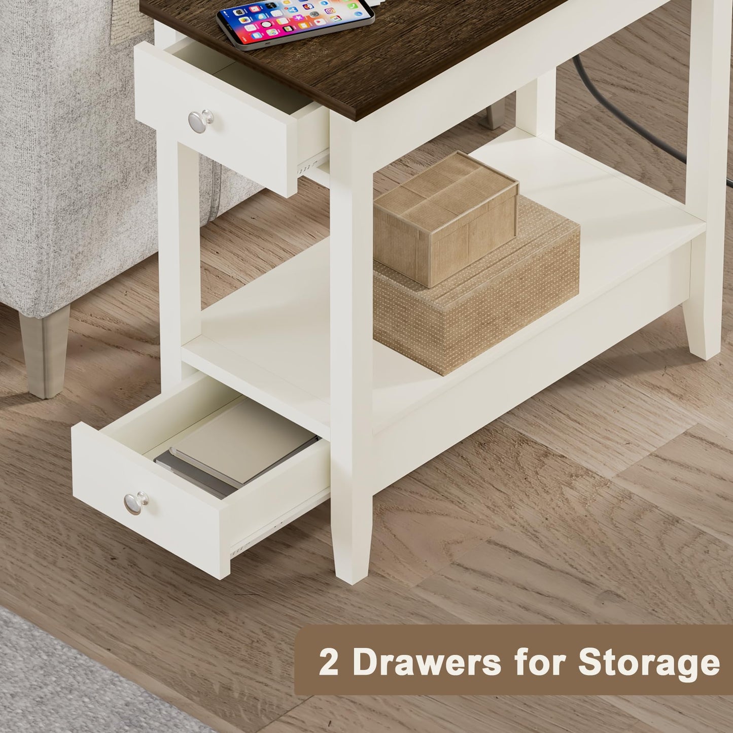 Treocho Farmhouse End Tables Living Room Set of 2, Narrow Side Table with Charging Station, Soft White Table Bedside Sofa for Small Spaces, Living Room, Bedroom