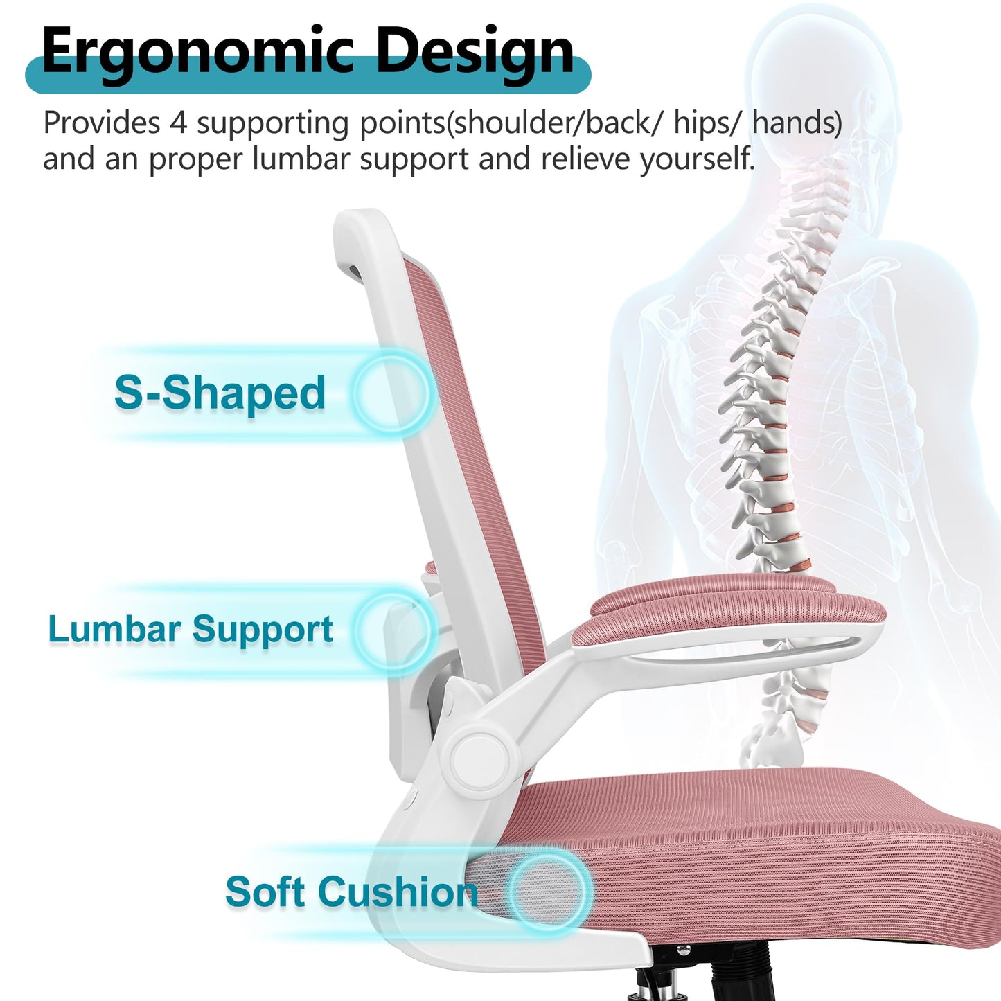 FelixKing Office Chair, Ergonomic Desk Chair Breathable Mesh Chairs Adjustable High Back Lumbar Support Flip-up Armrests, Executive Rolling Swivel Comfy Computer Chairs Home Office Rose Quartz
