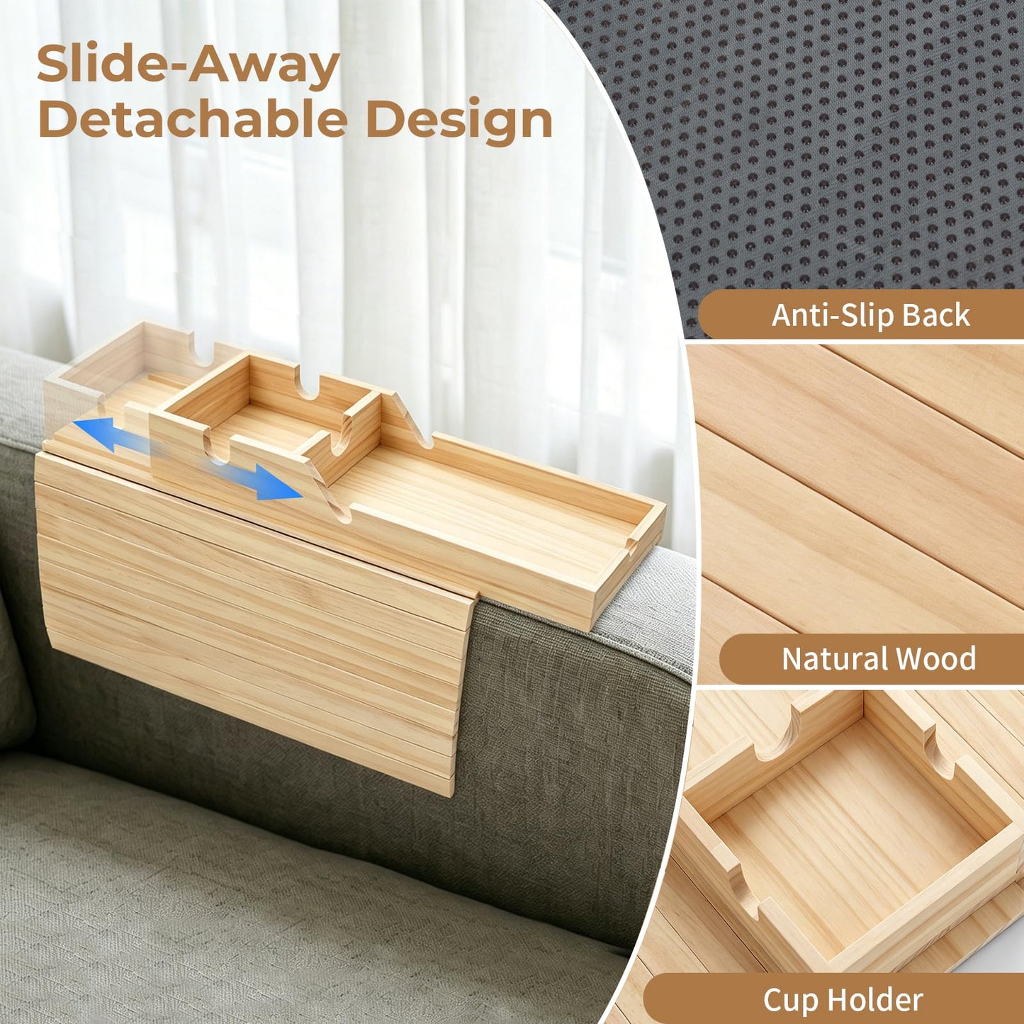 Bamboo Wood Sofa Armrest Tray, Couch Arm Tray with Detachable Couch Cup Holder, 2 in 1 Anti-Slip Foldable Sofa Armchair Caddy Table for Tea TV Remote Cellphone Snacks