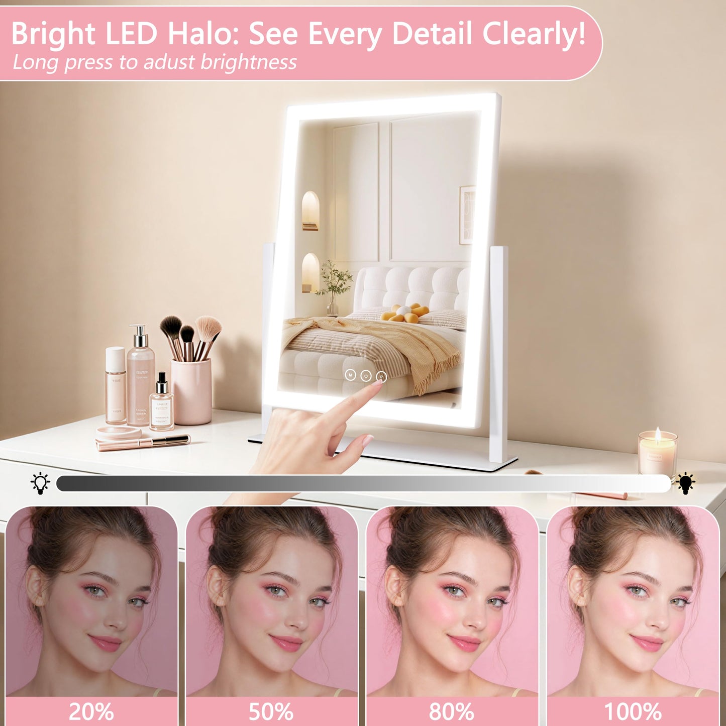 Lighted Vanity Mirror with Lights, Makeup Mirror with Light, 16.7"x 13.2",Three Color Lighting Modes and Dimmable Lighting, Smart Touch Control, 360°Rotation, for Vanity Desk Tabletop,Dressing Room