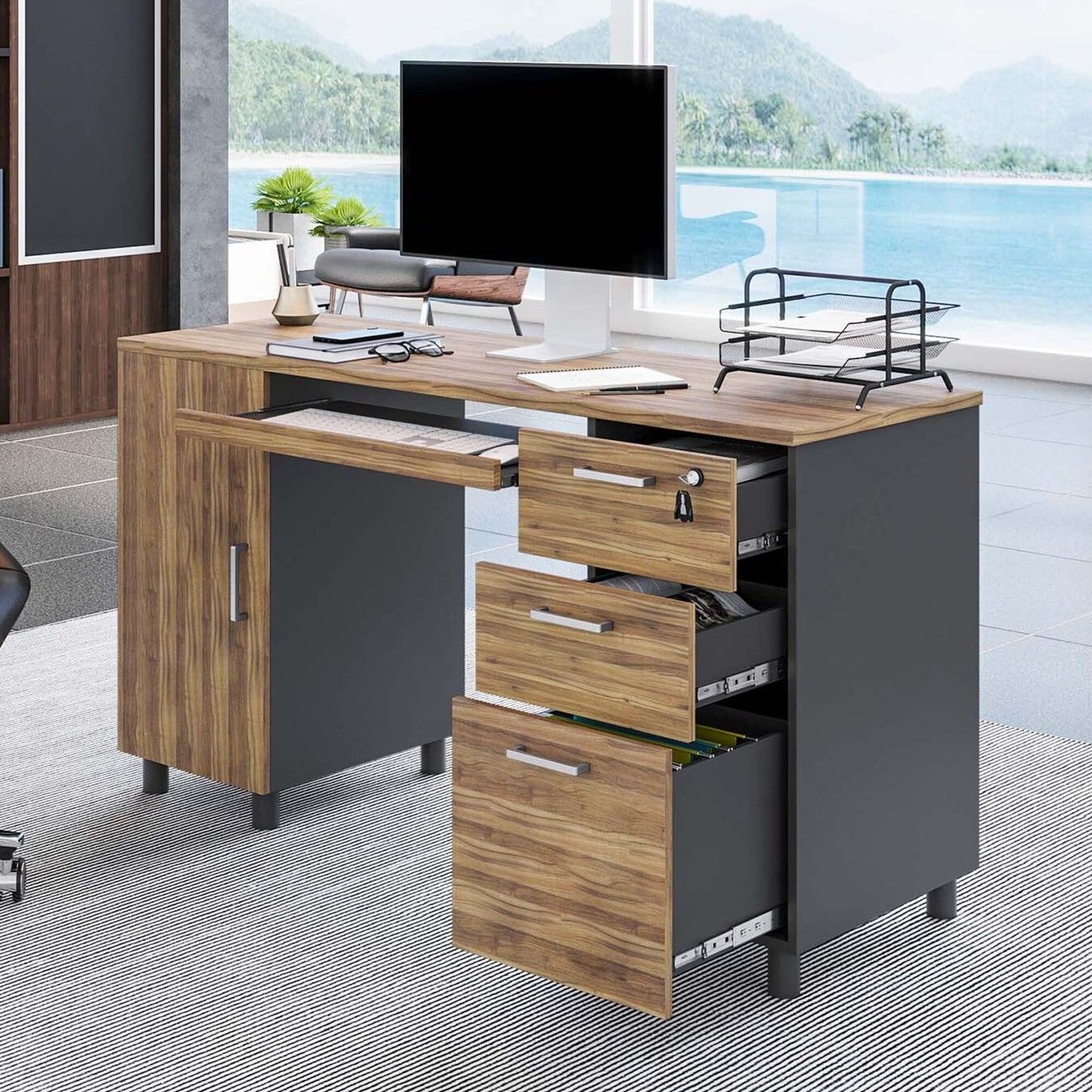 Modern Design Venice Computer Desk with Lockable Drawers, 53 Inch Home Office Desk with Storage Cabinet, Keyboard Tray & Cable Management, Modern Study Writing Desk for Small Spaces, Walnut and Black