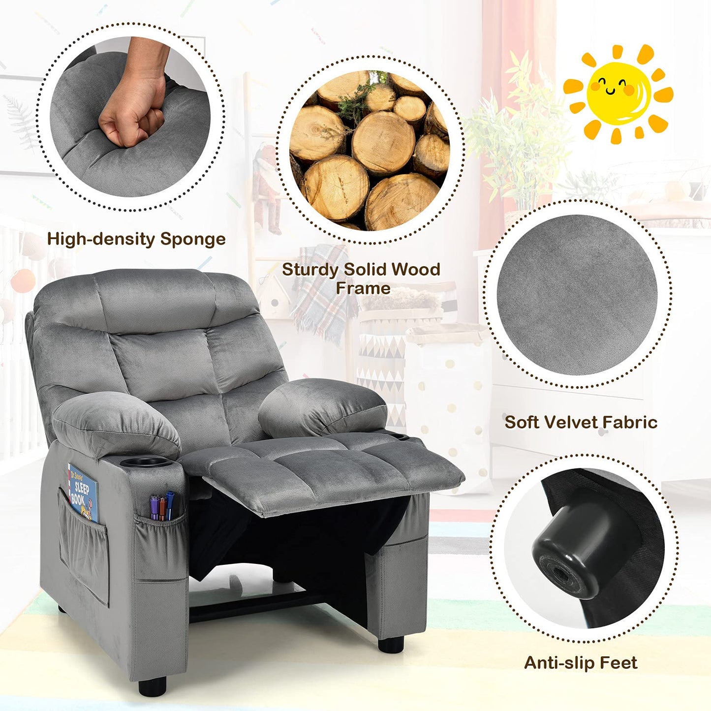 Costzon Kids Recliner Chair with Cup Holder, Adjustable Velvet Lounge Chair w/Footrest & Side Pockets for Children Boys Girls Room, Ergonomic Toddler Furniture Sofa Gifts, Kids Recliner (Gray)
