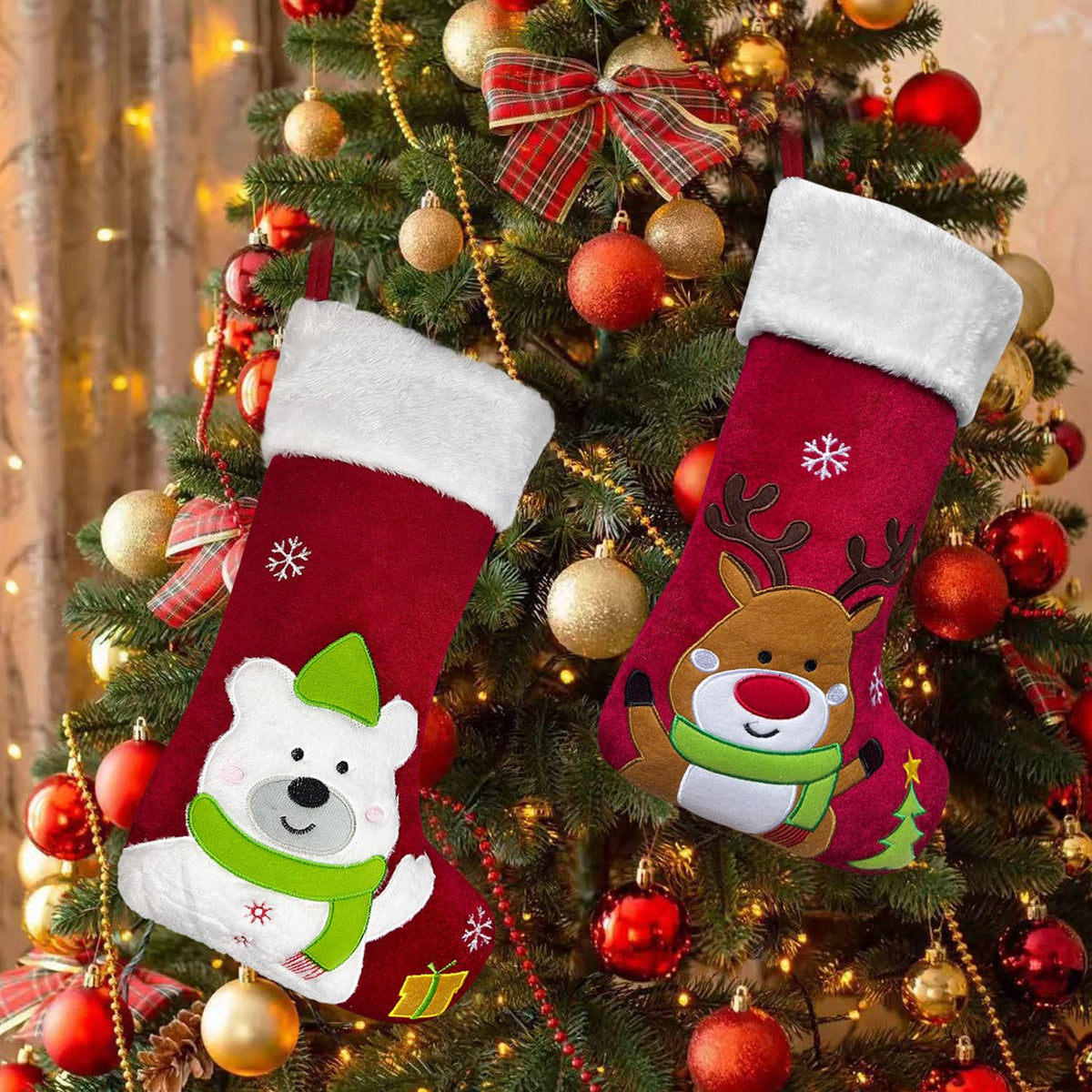 Snowman Christmas Stocking, 20" Velvet Cute 3D Deer Bear Moose Reindeer Xmas Stocking for Children Kids Girls Boys Women Men