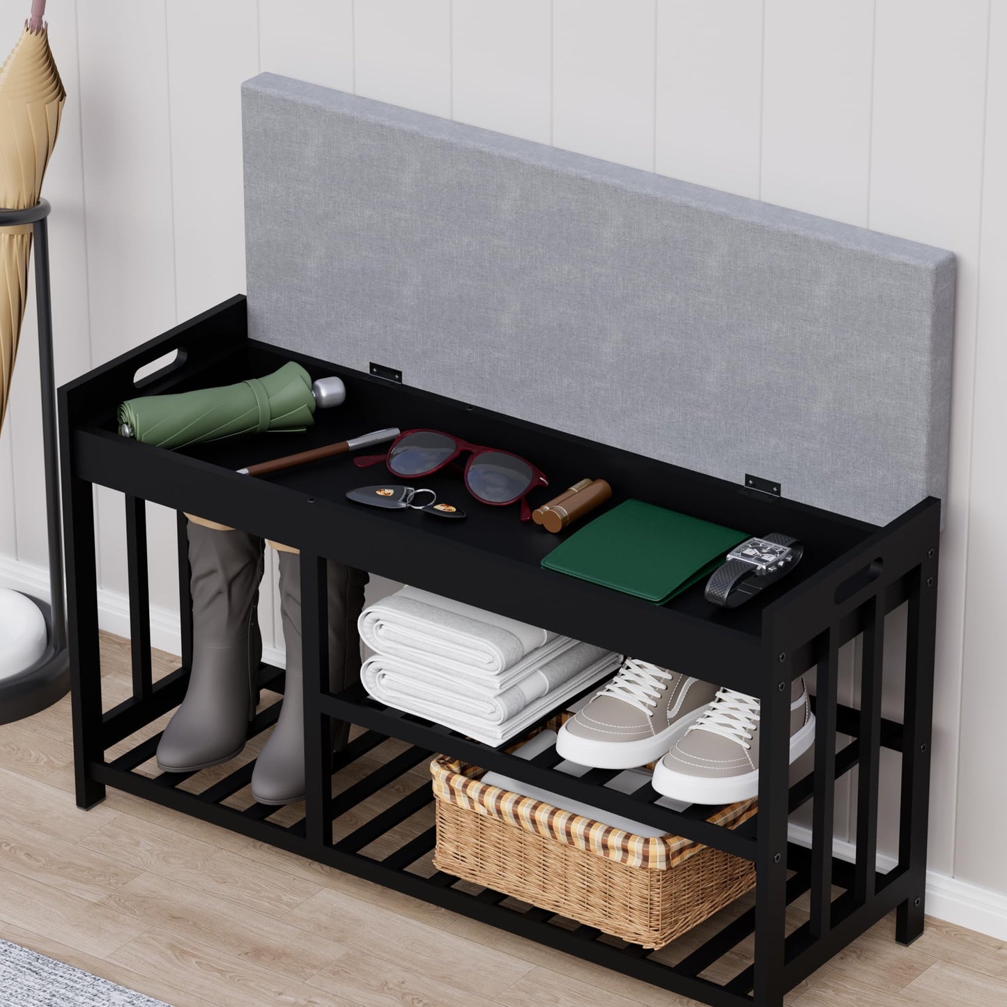 APRTAT 3-Tier Bamboo Shoe Rack Bench, Shoe Storage Organizer Bench, Entryway Benchs, Shoes Rack for Front Door Entrance, Entryway Bathroom Bedroom (Black, Large)