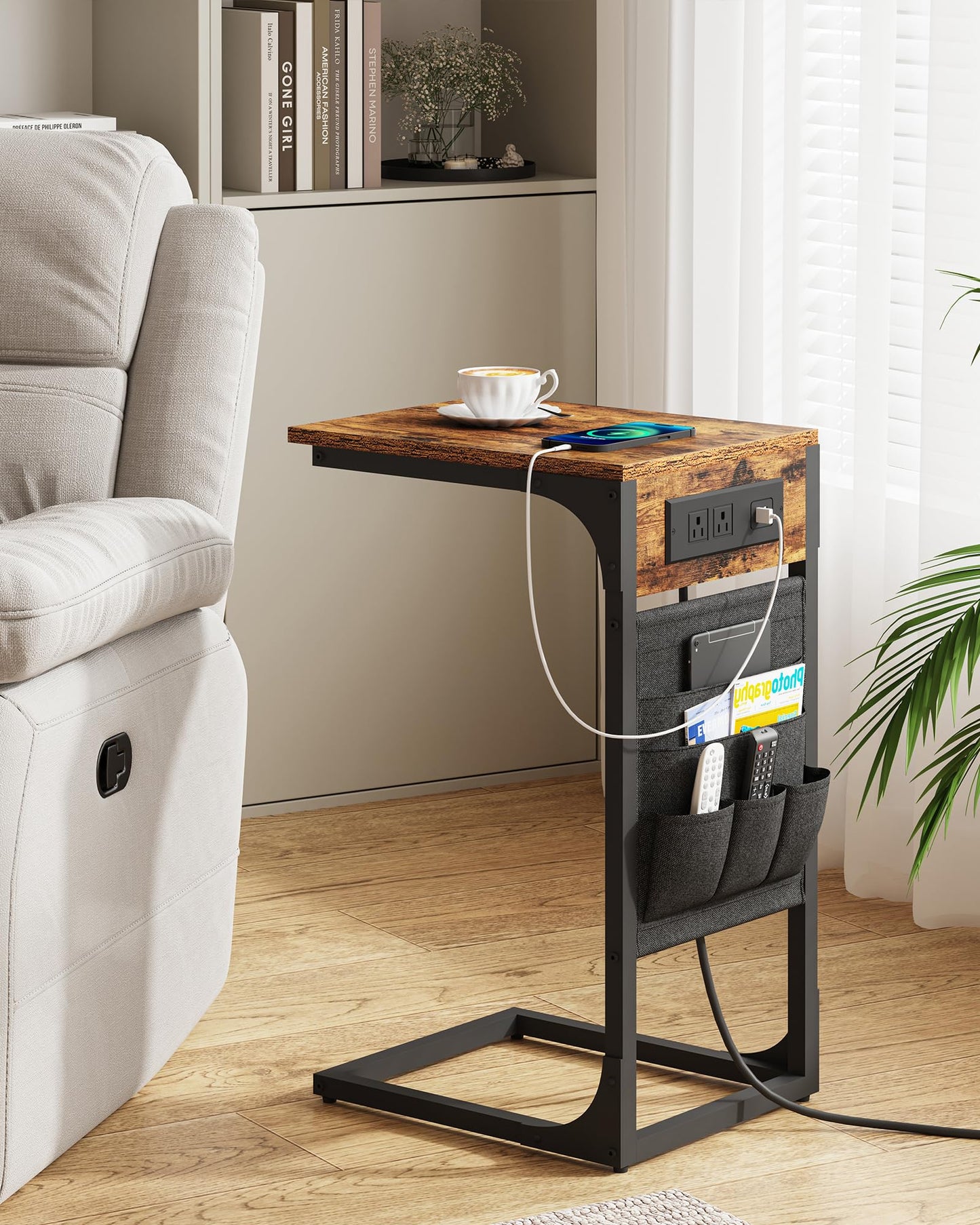 TUTOTAK C Shaped End Table with Charging Station, Side Table for Sofa, Couch Table with Storage Bag, TV Tray with 2 USB Ports and Outlets for Living Room, Bedroom, Brown TB01BB024