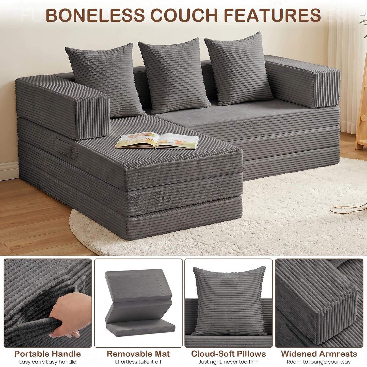 65'' L Shaped Couches for Living Room, Cloud Sectional Couch, Boneless Couch with Deep Seat Left Facing Chaise, Mini Modular Sectional 3 Seater Sofa for Apartment Furniture, No Assembly Needed, Grey