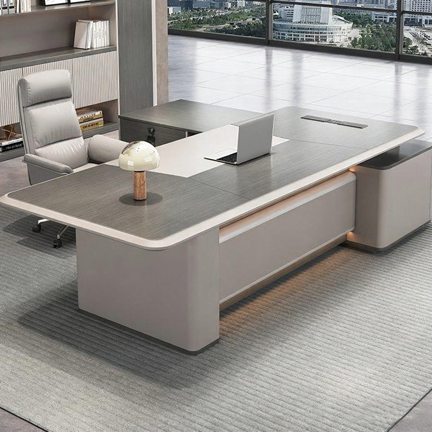 LSIGHTUS Gray L Shaped Executive Office Desk with Cabinet, Modern Large Home Computer Desk with Thickened Tabletop and Cable Management Box Study Gaming Table Business Furniture for CEO, Boss