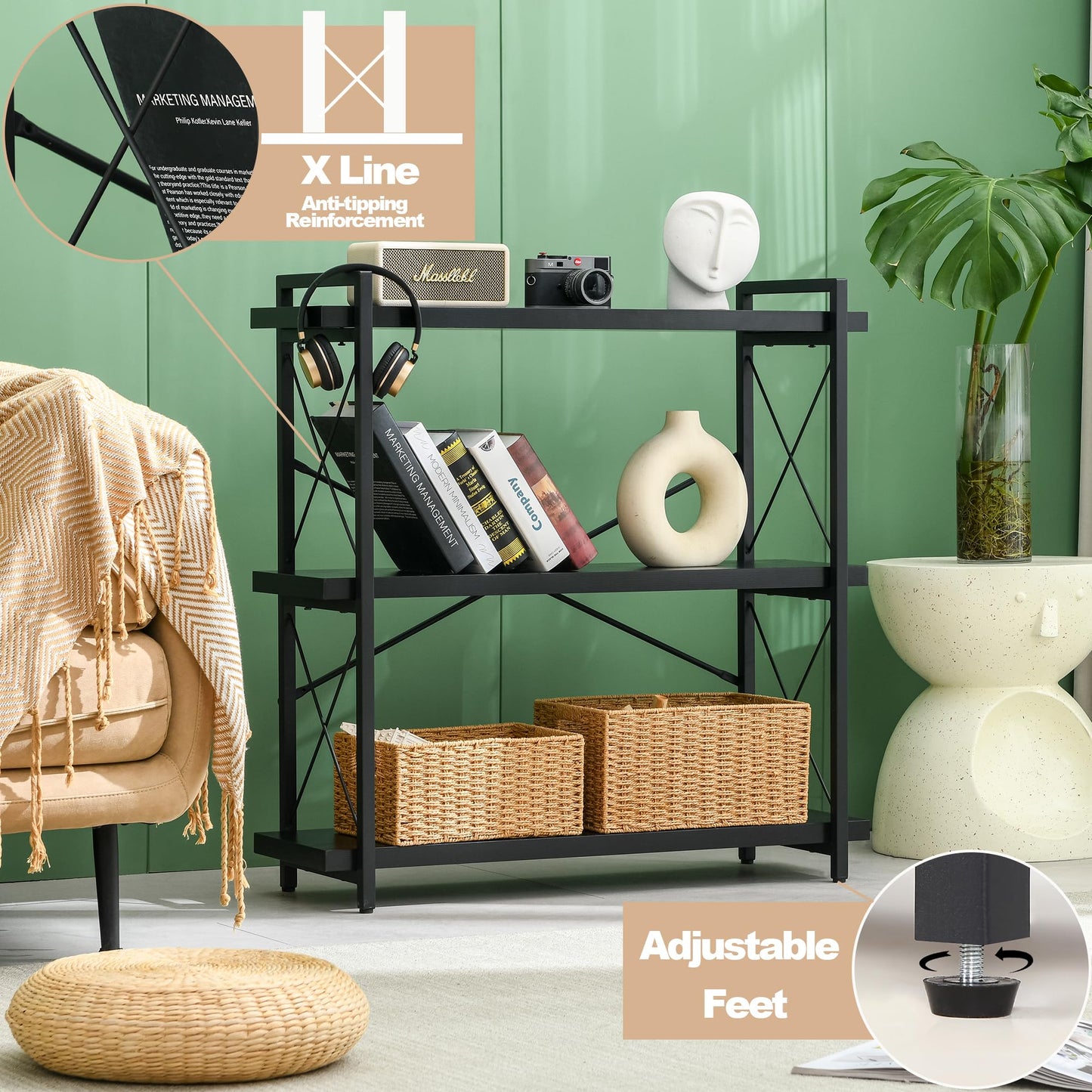 HCHQHS Bookshelf, 3-Tier Industrial Bookcase, Black Open Book Shelf, Freestanding Horizontal Bookshelves with Metal Frame