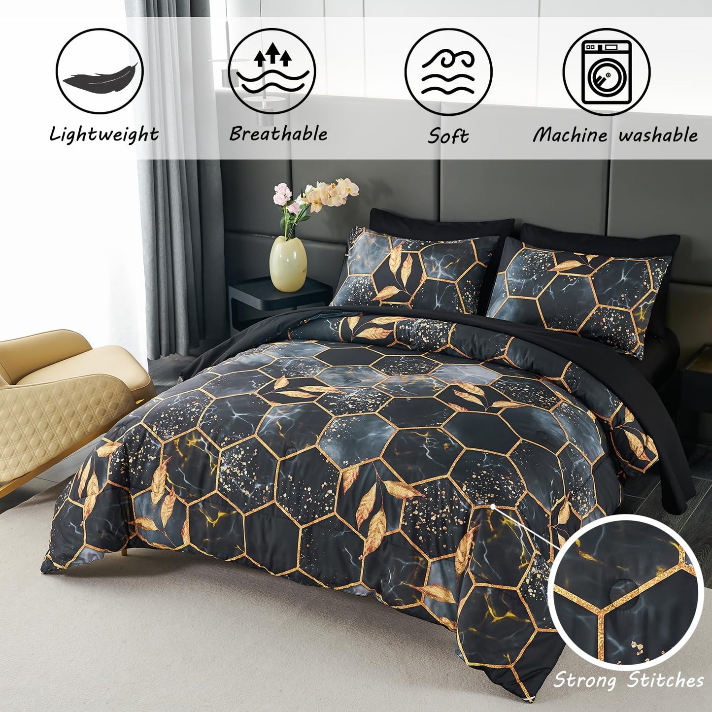 ZRNBAST Honeycomb King Size Comforter Set Black 7 Pieces Geometric Marble Black Gold Bed in A Bag King Hexagon Gold Trim Print Water Ripple Pattern Bedding Set for All Season (Black, King)