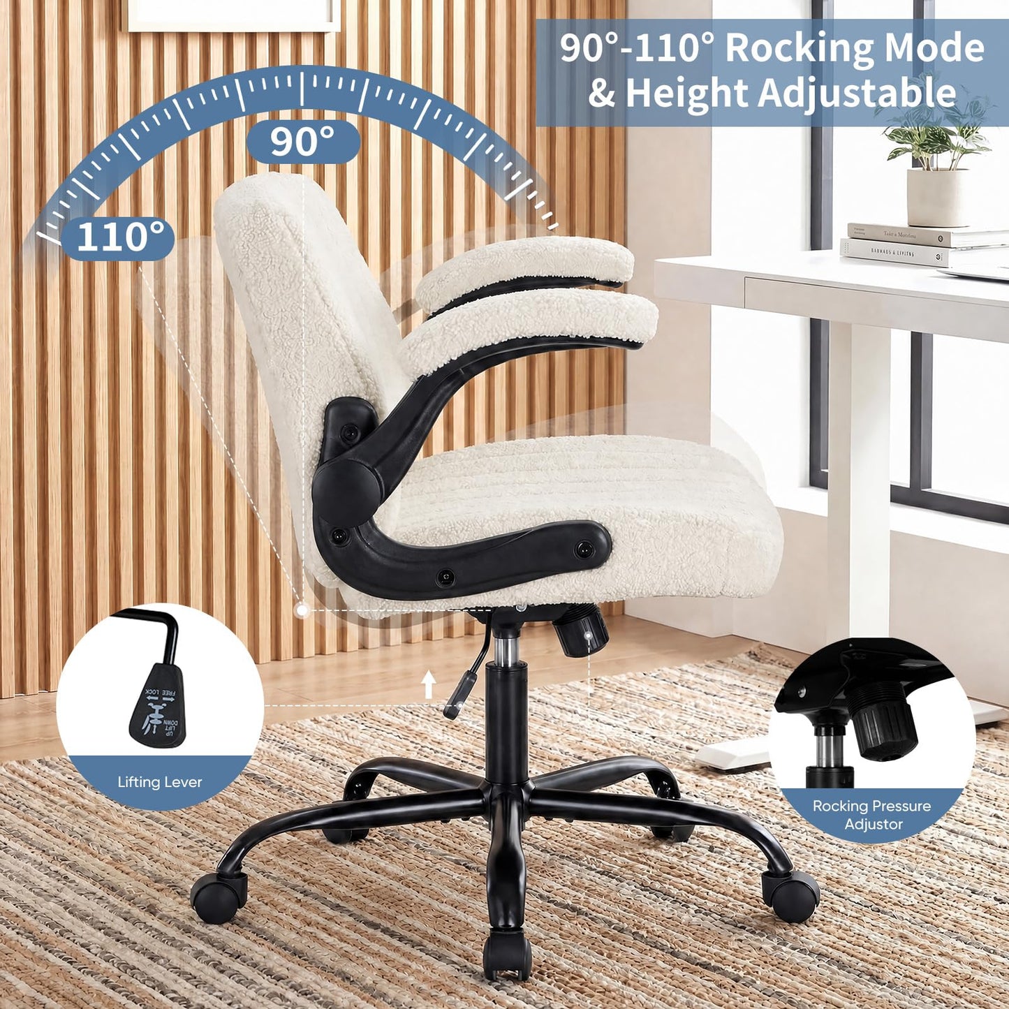 DUMOS Criss Cross Home Office Chair with Wheels, Wide Cross Legged Desk Vanity Chair Comfy Fabric Flip-Up Armrests Adjustable Swivel Chairs for Home Computer Bedroom, Creamy White