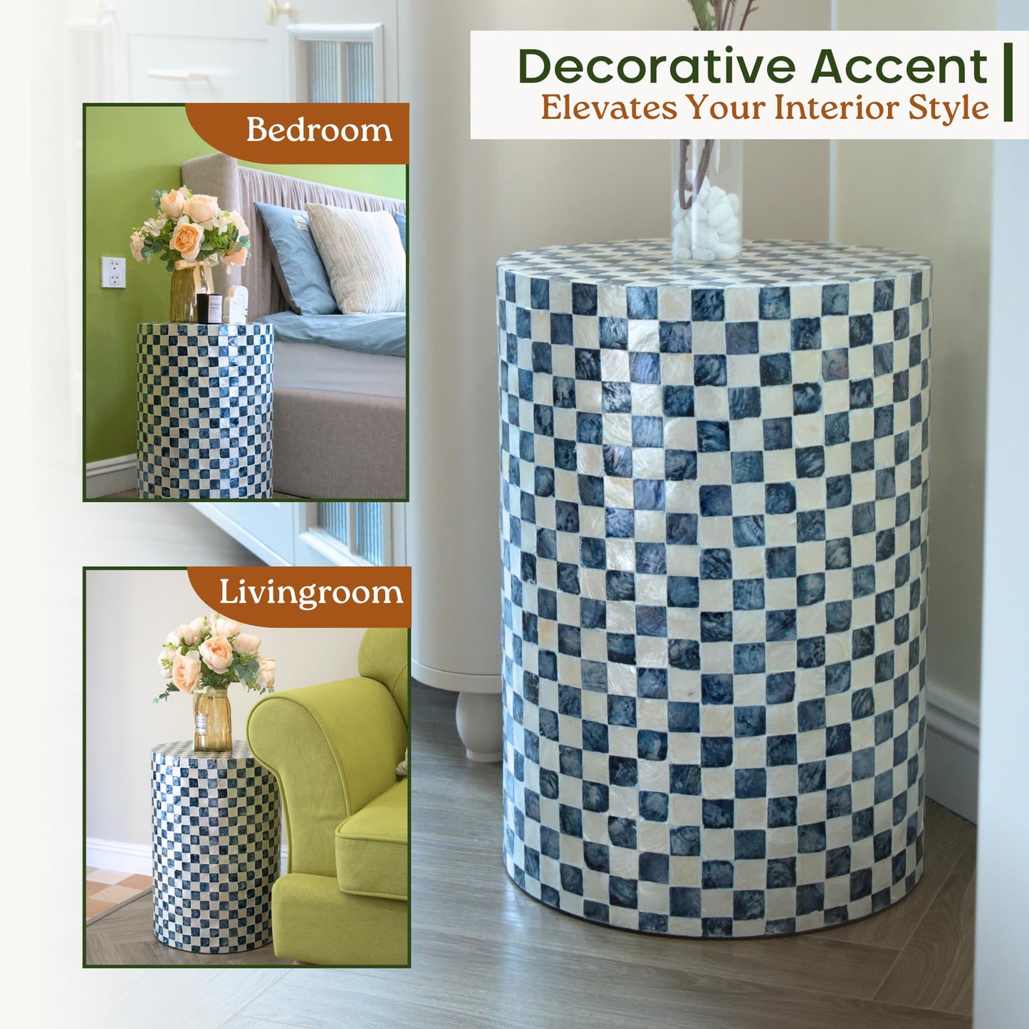Chi An Home 19.3” Checkered Capiz Shells Drum End Table, Decorative Cylinder Side Table & Garden Stool, Round Pedestal Accent Table for Living Room, Bedroom, Indoor & Outdoor (Navy Blue)