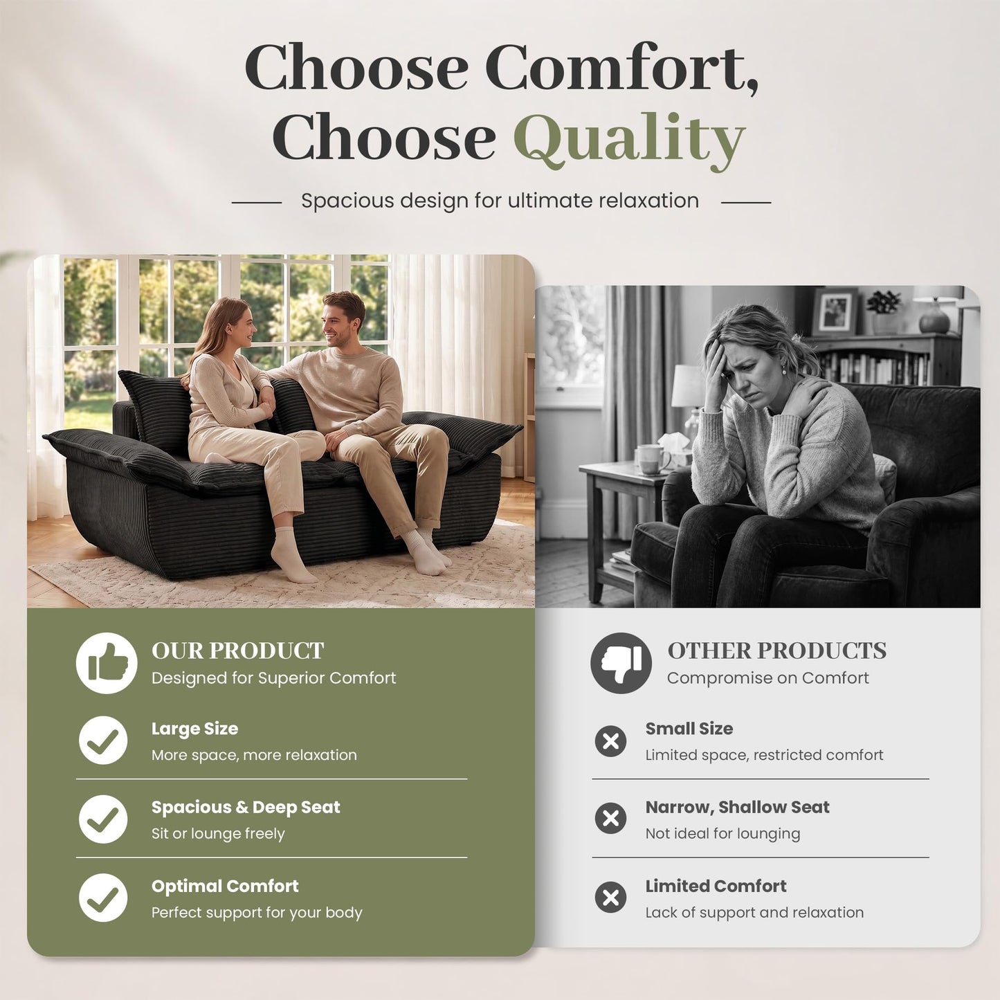 JUIKURY 55" Convertible Corduroy Sofa Bed, Boneless Foldable Loveseat Sleeper Couch, Compressed Foam Floor Sofa with Removable Cushions & Pillows for Small Space Living Room