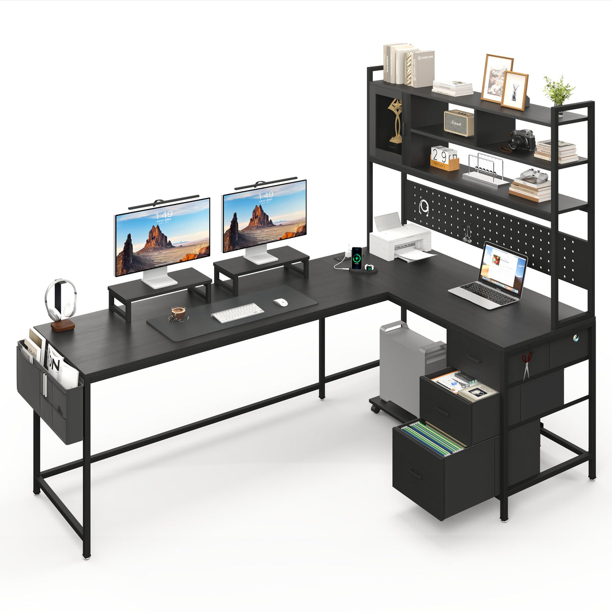 Lazmvlz L-Shaped Computer Desk with Charging Station and Light Strip, Gaming Desk with Pegboard & Storage Shelves, Corner Table with 3 Drawers, Monitor and Computer Tower Stand for Home Office, Black