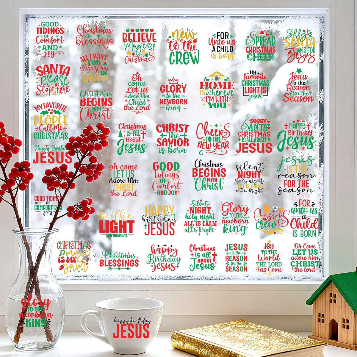 53 PCS Christmas Stickers for Crafts Nativity Decal Red Green Bible Decals Indoor Home Decorations Xmas Eve Vinyl Sticker for Ornaments Jesus Christian Religious Decal for Window Winter Holiday Gift
